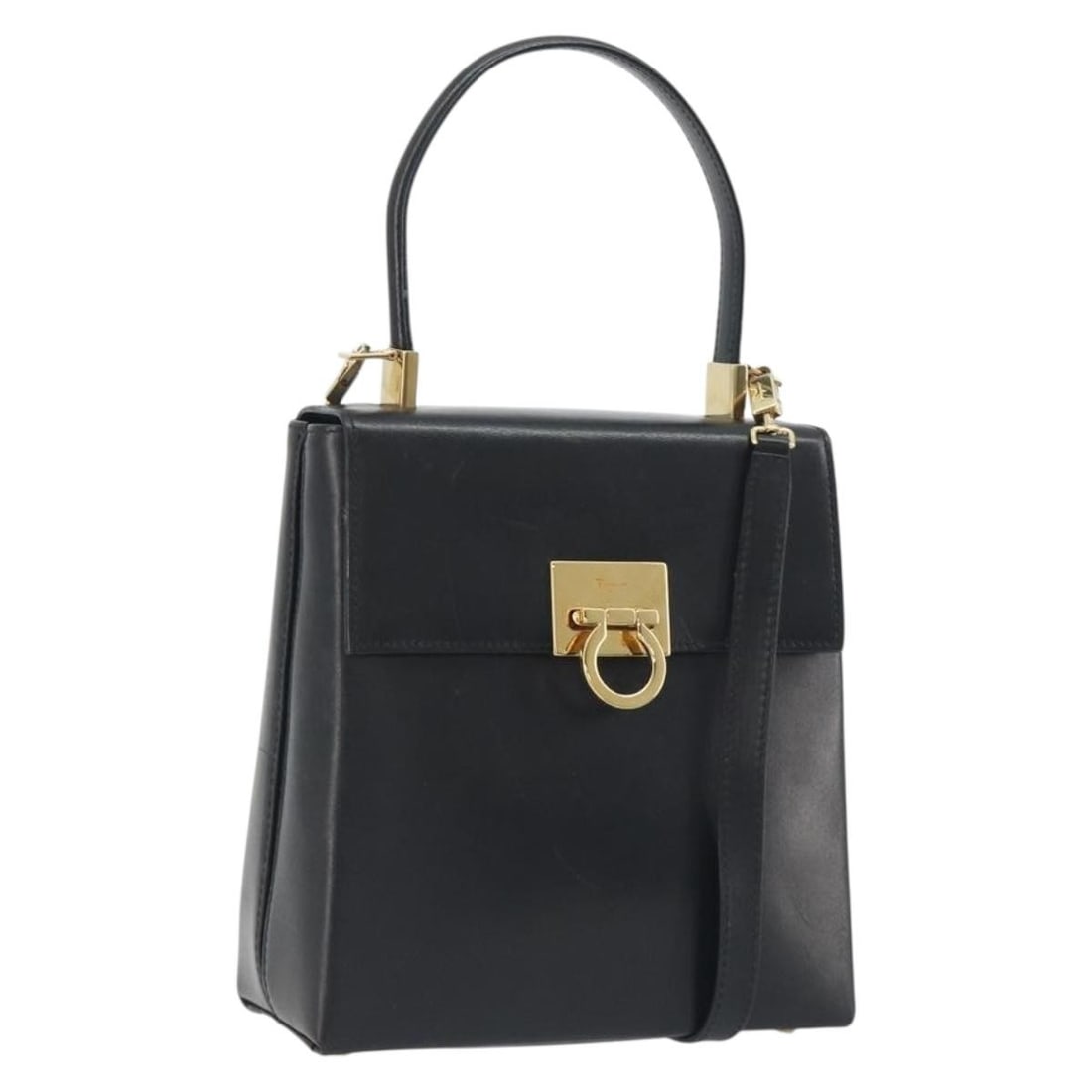 Salvatore Ferragamo Gancini Leather 2way Handbag Black Gold Strap: Salvatore Ferragamo Gancini Leather 2way Handbag Black Gold Strap Salvatore Ferragamo Gancini hand bag in leather, finished in black and gold. It comes with a shoulder strap and is made in Italy. The 