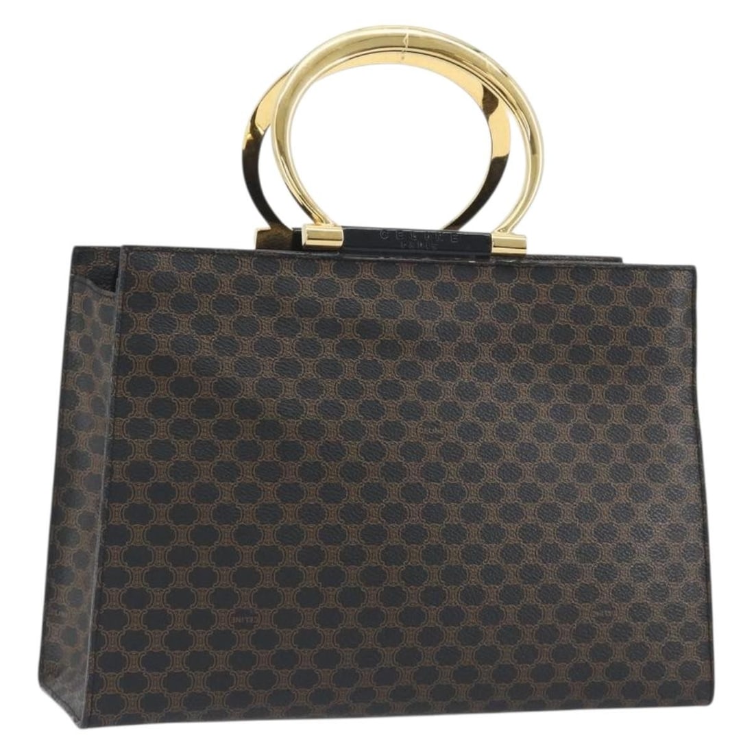 Celine Macadam Canvas PVC Leather Handbag Black Gold Tone: Celine Macadam Canvas PVC Leather Handbag Black Gold Tone A CELINE handbag in black and gold, crafted from PVC leather and Macadam canvas. It is made in Italy and comes with the item only; no box or d