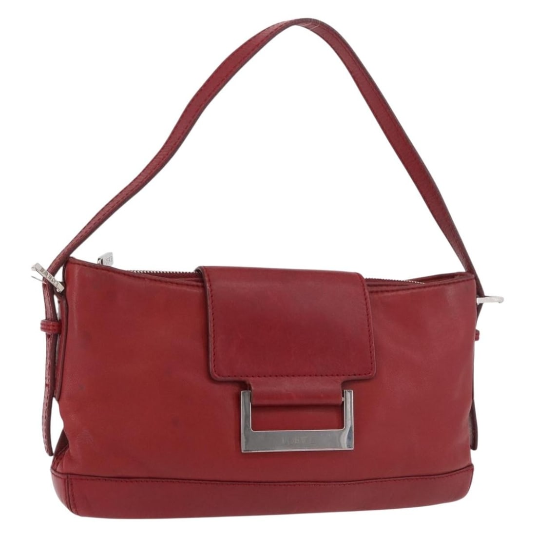 LOEWE leather accessory pouch red silver tone Spain: LOEWE leather accessory pouch red silver tone Spain A LOEWE accessory pouch in red leather with silver-tone hardware. Made in Spain, this pouch measures approximately 23 cm W x 12 cm H x 3 cm D (9.1 x