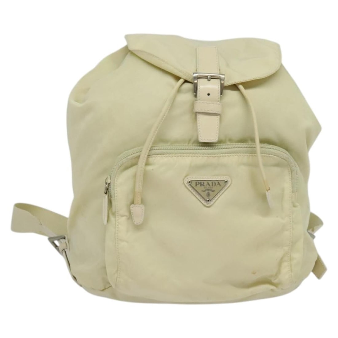 Prada Beige Nylon Backpack Silver Tone Made in Italy: Prada Beige Nylon Backpack Silver Tone Made in Italy Beige and silver backpack in nylon, made in Italy. The item is described as heavily used, with visible wear including loss of shape, rubbing, stain