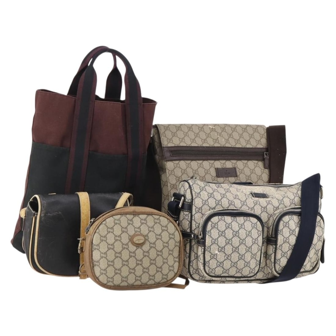 5 Piece Gucci Shoulder Bag Lot GG Canvas PVC Leather Italy: 5 Piece Gucci Shoulder Bag Lot GG Canvas PVC Leather Italy Special set sale of Gucci shoulder bags in GG Supreme/GG Plus Supreme PVC canvas with leather trim. This women's bag set is made in Italy and