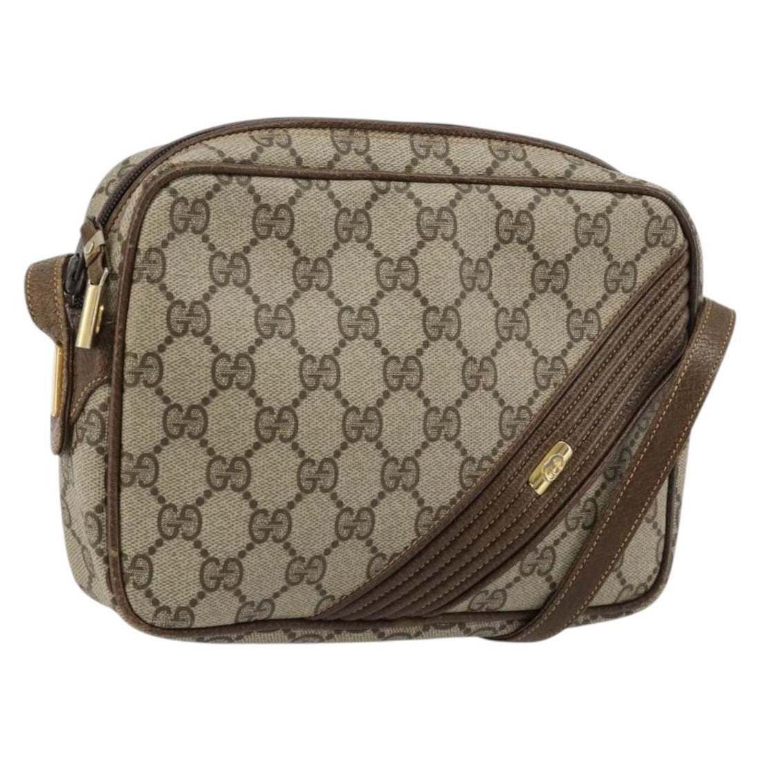 Gucci GG Supreme PVC Leather Shoulder Bag Beige Gold: Gucci GG Supreme PVC Leather Shoulder Bag Beige Gold A Gucci shoulder bag in beige and gold, made from PVC leather and GG canvas. It features a shoulder strap with an approximate drop of 54 to 59 cm a