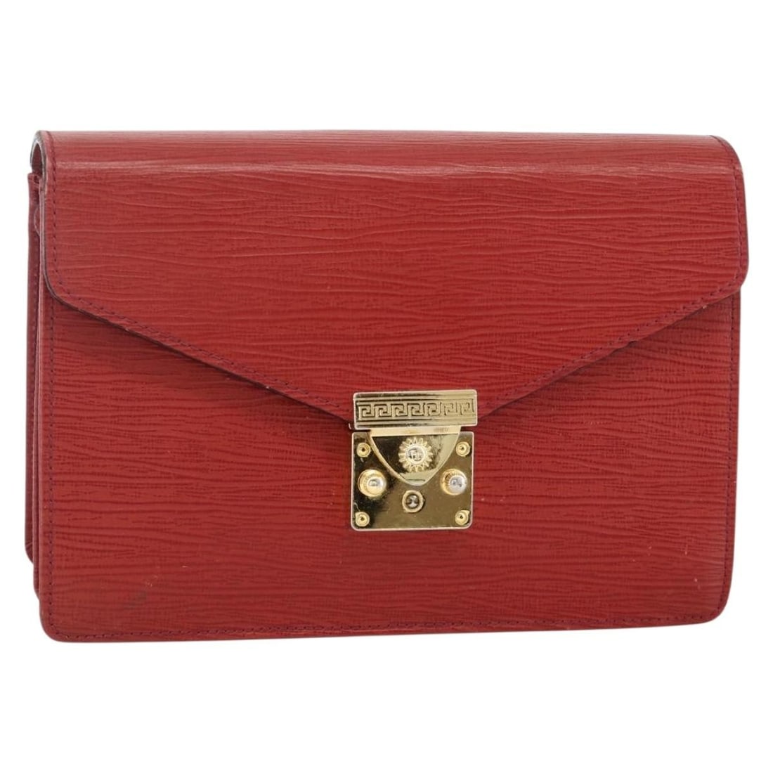 Red and Gold Leather Sunburst Clutch by Versace: Red and Gold Leather Sunburst Clutch by Versace This VERSACE Sunburst clutch bag features a red and gold leather exterior, offering a stylish accessory for women. Crafted in Italy, the bag has a compa