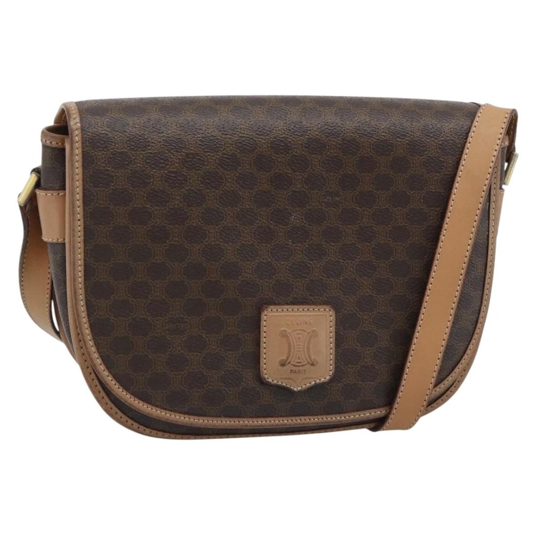 Celine Macadam PVC Leather Shoulder Bag Brown Gold Tone: Celine Macadam PVC Leather Shoulder Bag Brown Gold Tone A CELINE shoulder bag in brown and gold, made from PVC leather and Macadam canvas. It features a shoulder strap and was made in Italy. The item 