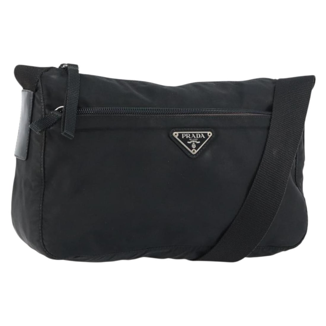 PRADA Black Nylon Shoulder Bag Silver Tone Hardware Made in Italy: PRADA Black Nylon Shoulder Bag Silver Tone Hardware Made in Italy Black Prada shoulder bag made of nylon with silver-tone hardware. Made in Italy, it measures approximately 27 cm W x 18 cm H x 8 cm D,