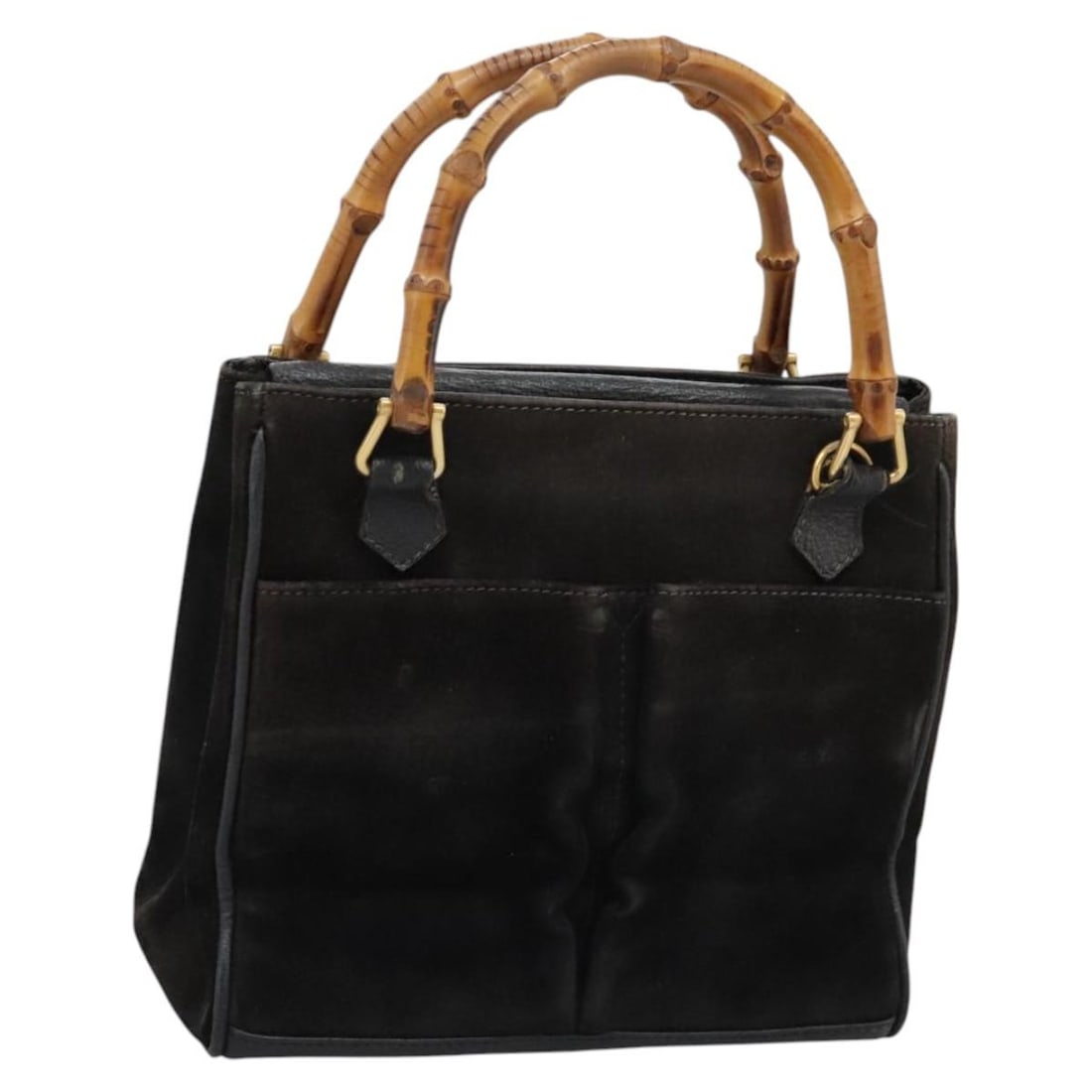 Black Suede Bamboo Handle Handbag by Gucci 000 122 0316 Gold Accents: Black Suede Bamboo Handle Handbag by Gucci 000 122 0316 Gold Accents This Gucci Bamboo handbag is crafted from black suede leather with gold-tone accents. Designed for women, it features a distinctive