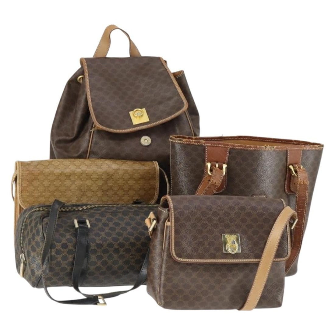 Set of 5 Celine Macadam PVC Leather Clutch Bags Brown Beige Black: Set of 5 Celine Macadam PVC Leather Clutch Bags Brown Beige Black CELINE Macadam canvas clutch bag in brown, beige, and black, made in Italy with PVC leather and Macadam canvas. This item is offered i