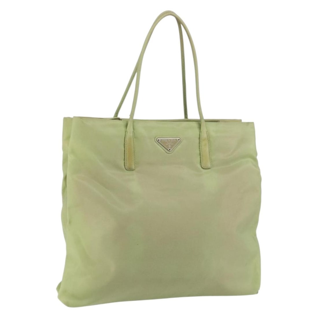 Prada nylon khaki silver tote bag with guarantee card: Prada nylon khaki silver tote bag with guarantee card This PRADA tote bag features a khaki and silver nylon exterior with silver-tone hardware. Designed for women, it offers a spacious interior and co
