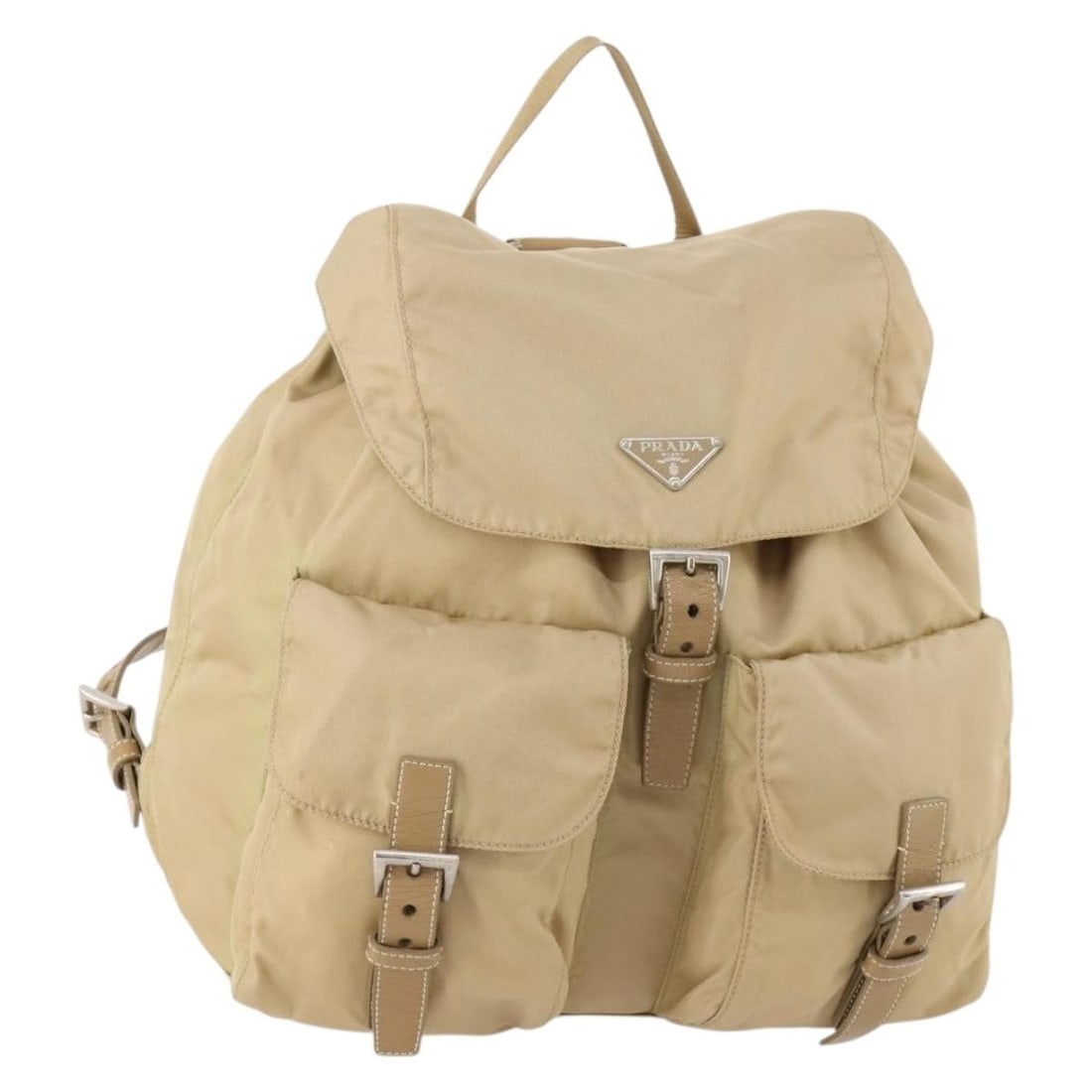 PRADA Nylon Backpack Beige Silver with Guarantee Card: PRADA Nylon Backpack Beige Silver with Guarantee Card Authentic Prada women's backpack in beige nylon with silver-tone accents, made in Italy. This backpack includes the guarantee card and shows heavy