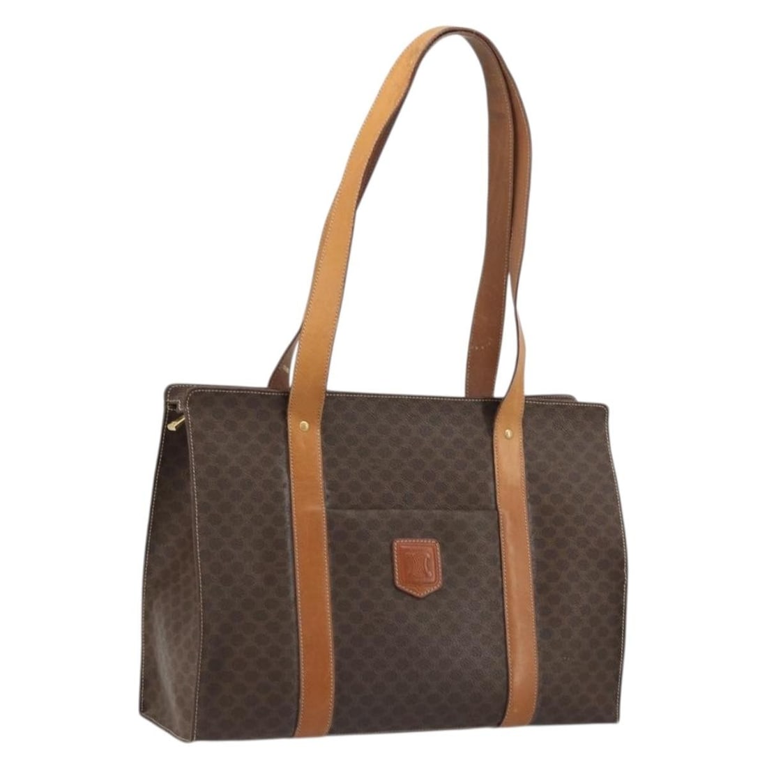 CELINE Macadam PVC Leather Tote Bag Brown Gold Italy: CELINE Macadam PVC Leather Tote Bag Brown Gold Italy This CELINE Macadam tote bag is crafted from PVC leather and features the iconic Macadam canvas design in brown and gold tones. Designed for women,