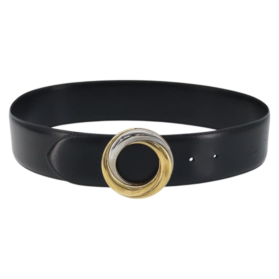 Cartier Trinity Black Leather Belt with Gold Accents 34.3 Inch: Cartier Trinity Black Leather Belt with Gold Accents 34.3 Inch This Cartier Trinity women's belt features a black leather strap accented with gold-tone details. The belt measures approximately 34.3 in