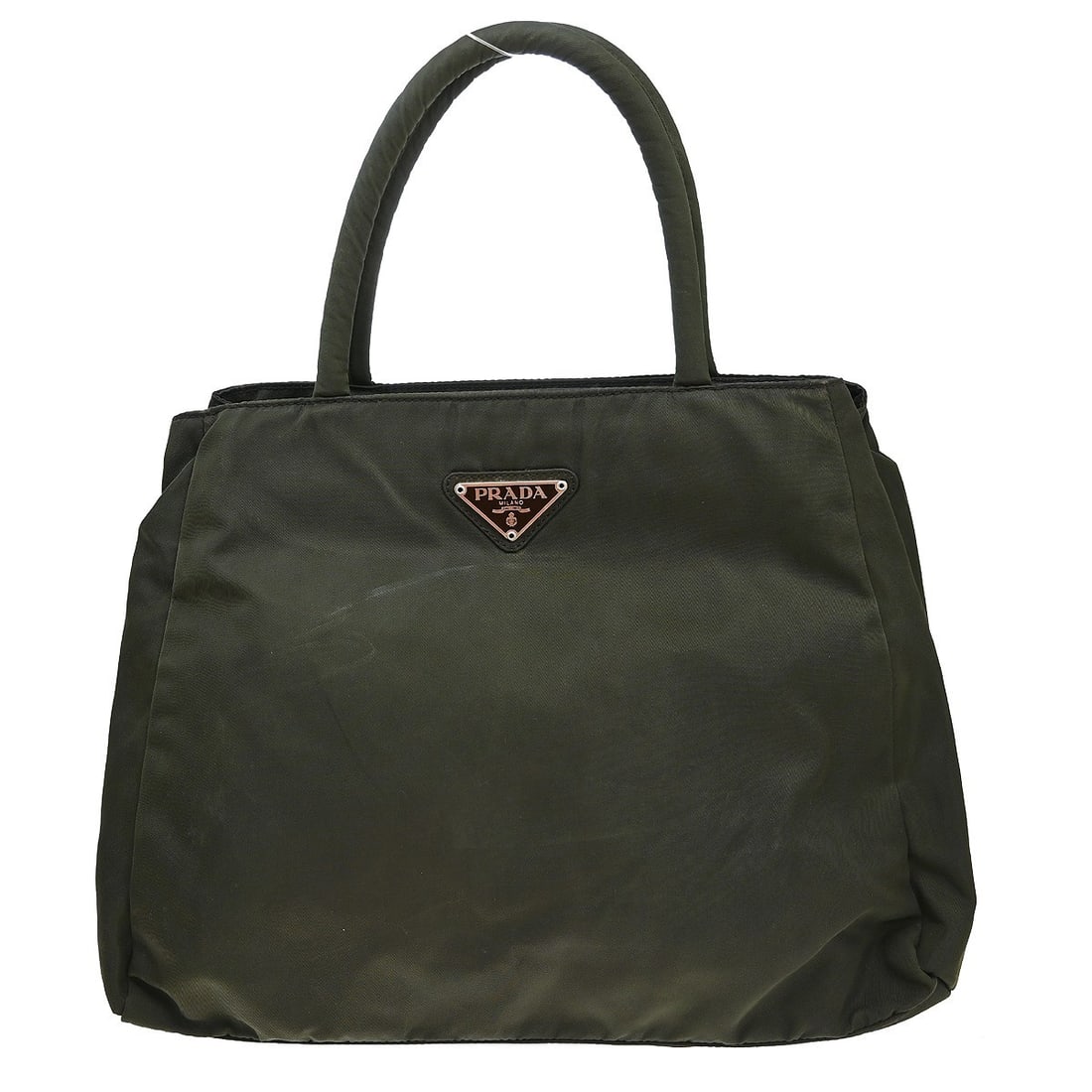 PRADA Medium Khaki Nylon Tote Bag Leather Trim Italy: PRADA Medium Khaki Nylon Tote Bag Leather Trim Italy Vintage Prada tote handbag in khaki green nylon with leather trim and logo accents. This medium tote is made in Italy and features two interior zip
