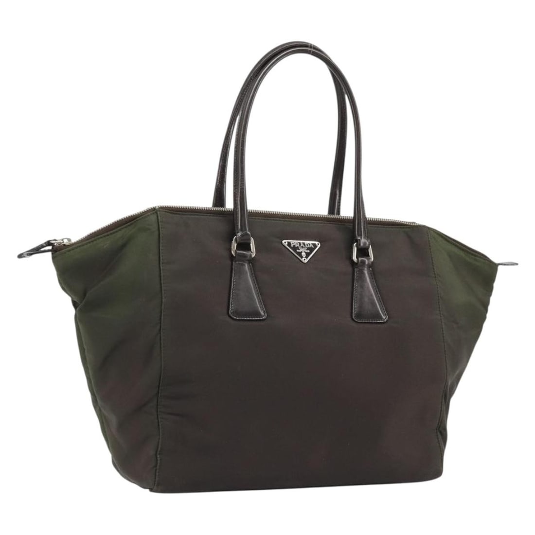 Brown Nylon Prada Women's Handbag with Silver Accents: Brown Nylon Prada Women's Handbag with Silver Accents This PRADA handbag features a brown and silver nylon exterior and is designed for women. Made in Italy, it offers ample space with a main compartm