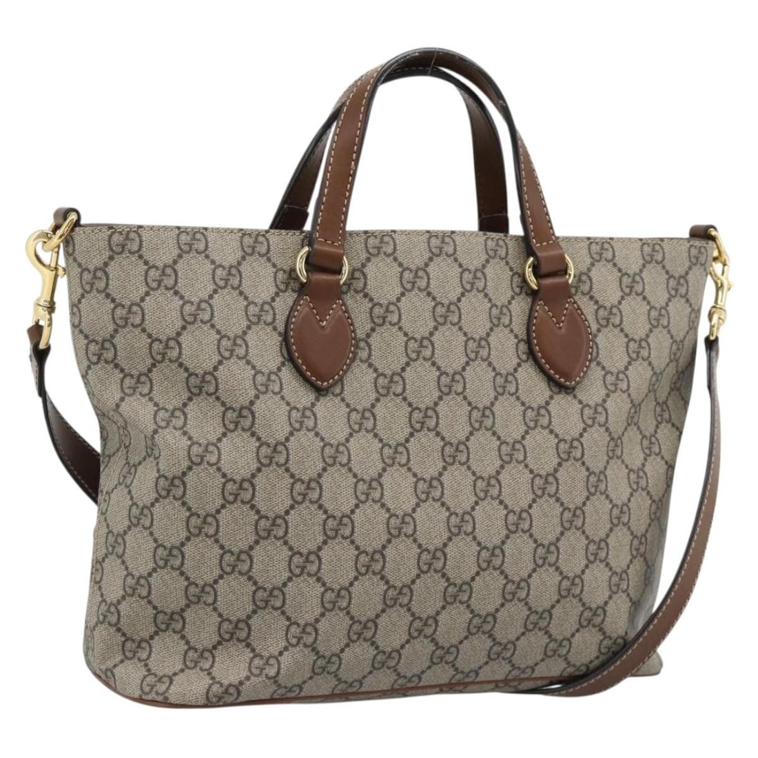 GUCCI 473887 GG Supreme 2way Hand Bag PVC Leather Beige: GUCCI 473887 GG Supreme 2way Hand Bag PVC Leather Beige Gucci hand bag in PVC leather with a beige and gold tone exterior. It features a shoulder strap and 2-way carry style, and was made in Italy. Th