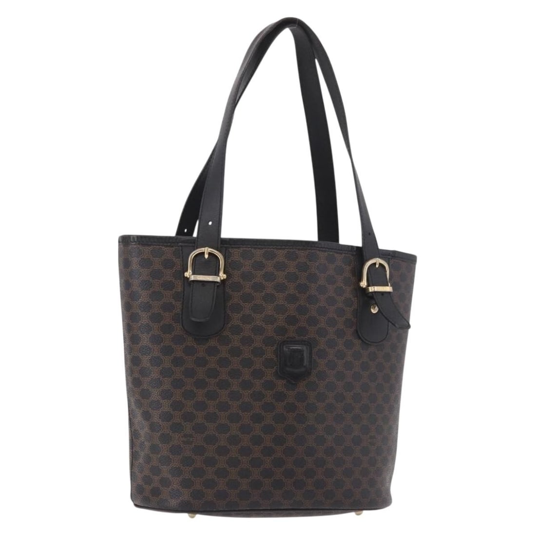 CELINE Macadam Tote Bag in Black PVC Leather with Dust Bag: CELINE Macadam Tote Bag in Black PVC Leather with Dust Bag Celine Macadam canvas tote bag crafted in PVC leather with a black and gold colorway. Made in Italy, this women's tote includes a dust bag. C