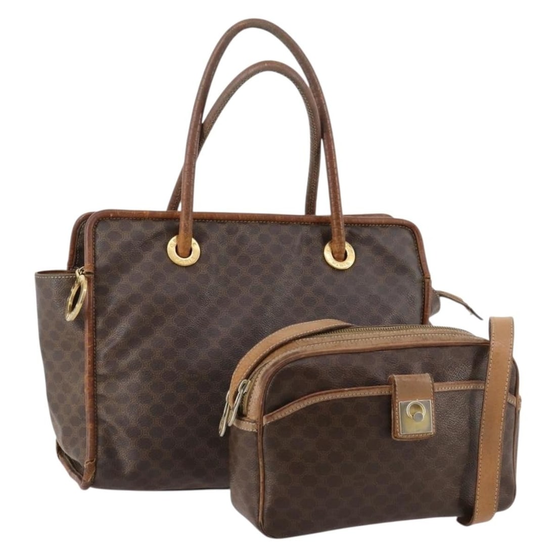 Set of 2 Celine Macadam Brown PVC Canvas Shoulder Bags: Set of 2 Celine Macadam Brown PVC Canvas Shoulder Bags This is a CELINE Macadam canvas and PVC leather shoulder bag set in brown. Designed for women, this authentic Italian-made set features CELINE's 