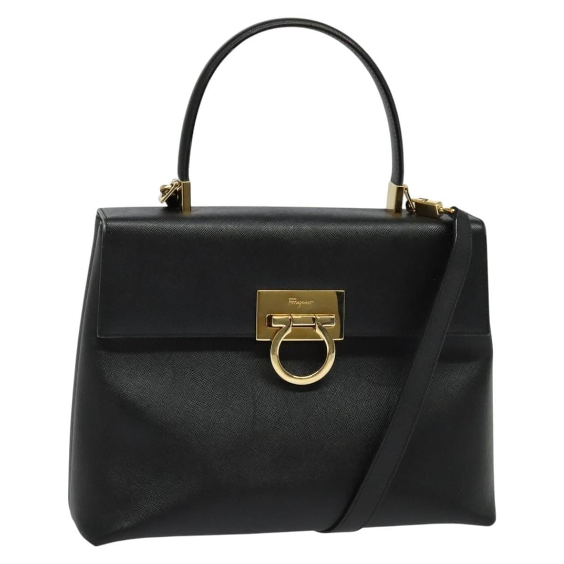 Salvatore Ferragamo Gancini Leather Hand Bag Black Gold Auth Italy: Salvatore Ferragamo Gancini Leather Hand Bag Black Gold Auth Italy This elegant Salvatore Ferragamo Gancini Hand Bag is crafted from high-quality leather, showcasing a stunning black and gold color co