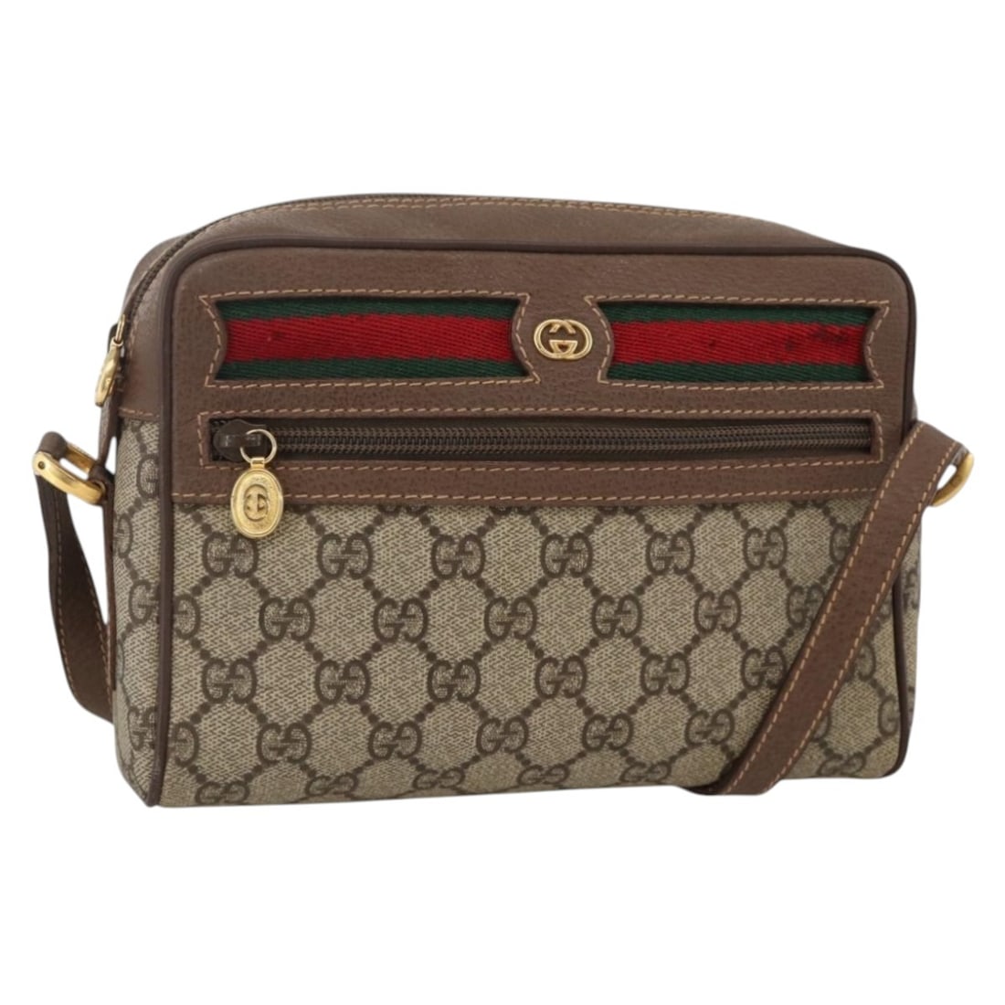 Gucci 001 50 6655 GG Supreme Sherry Web PVC Shoulder Bag: Gucci 001 50 6655 GG Supreme Sherry Web PVC Shoulder Bag Gucci GG Supreme Web Sherry Line shoulder bag in beige and gold, made in Italy. It is crafted from PVC leather/GG canvas and features a shoulde
