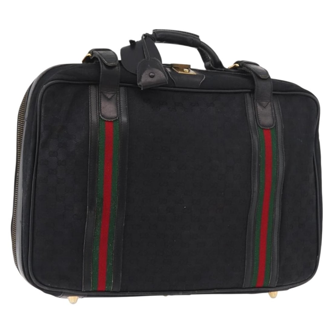 GUCCI Sherry Line GG Canvas Suitcase Black Gold with Keys: GUCCI Sherry Line GG Canvas Suitcase Black Gold with Keys Gucci suitcase in GG Canvas with a black and gold color scheme. Made in Italy, this women's bag measures approximately 49 cm wide, 32 cm high,