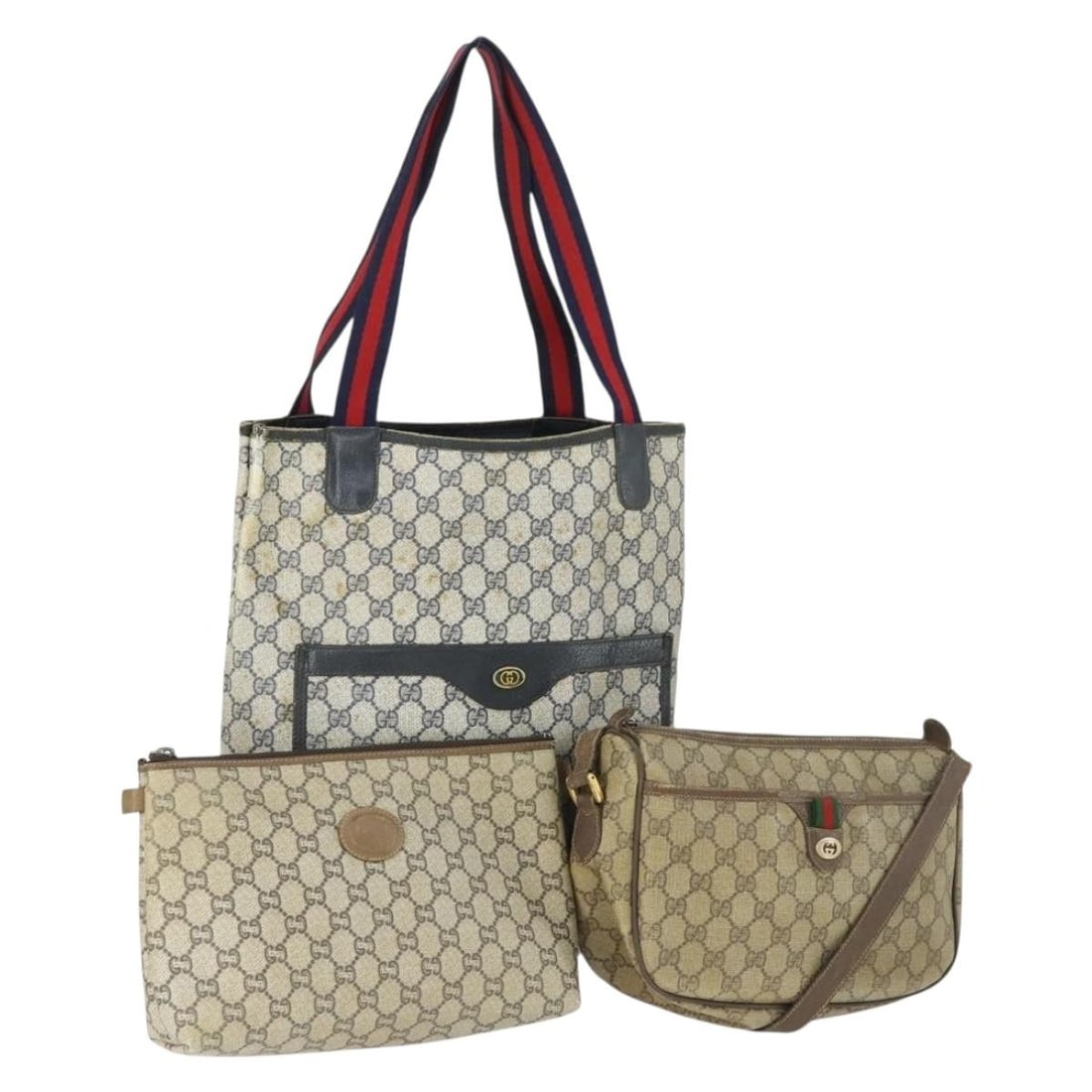 Gucci Sherry Line PVC Canvas Beige Navy Shoulder Bag Set: Gucci Sherry Line PVC Canvas Beige Navy Shoulder Bag Set This is a set of three GUCCI GG Canvas GG Plus Sherry Line shoulder bags in beige and navy. The exterior is crafted from PVC leather and GG can