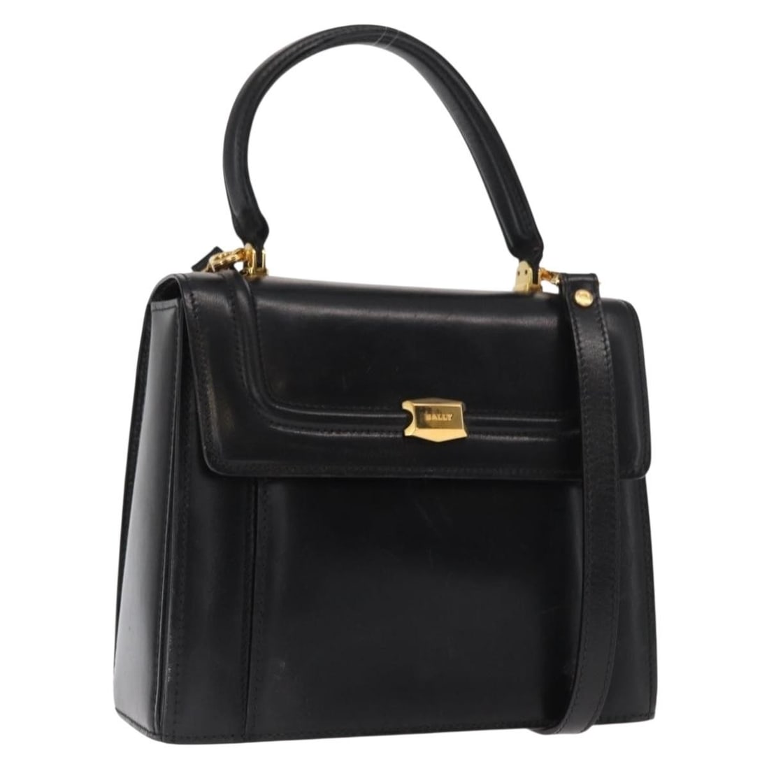 Bally Black Leather Convertible Handbag with Gold Accents and Shoulder Strap: Bally Black Leather Convertible Handbag with Gold Accents and Shoulder Strap This Bally handbag features a black and gold color scheme with a leather exterior. Designed for versatile use, it can be ca