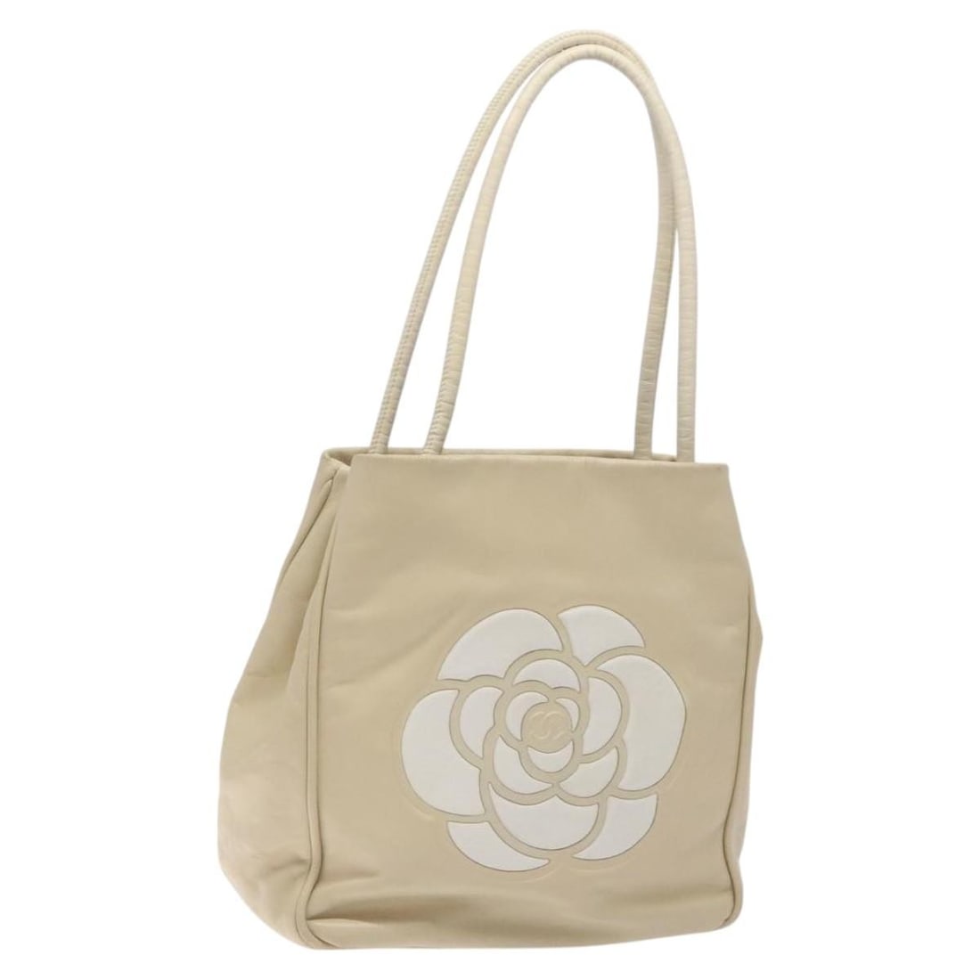 Ivory Leather Shoulder Bag CHANEL Camelia CC France: Ivory Leather Shoulder Bag CHANEL Camelia CC France A CHANEL Camelia shoulder bag in ivory leather, made in France. The bag is described as heavily used and shows visible wear, including loss of shape