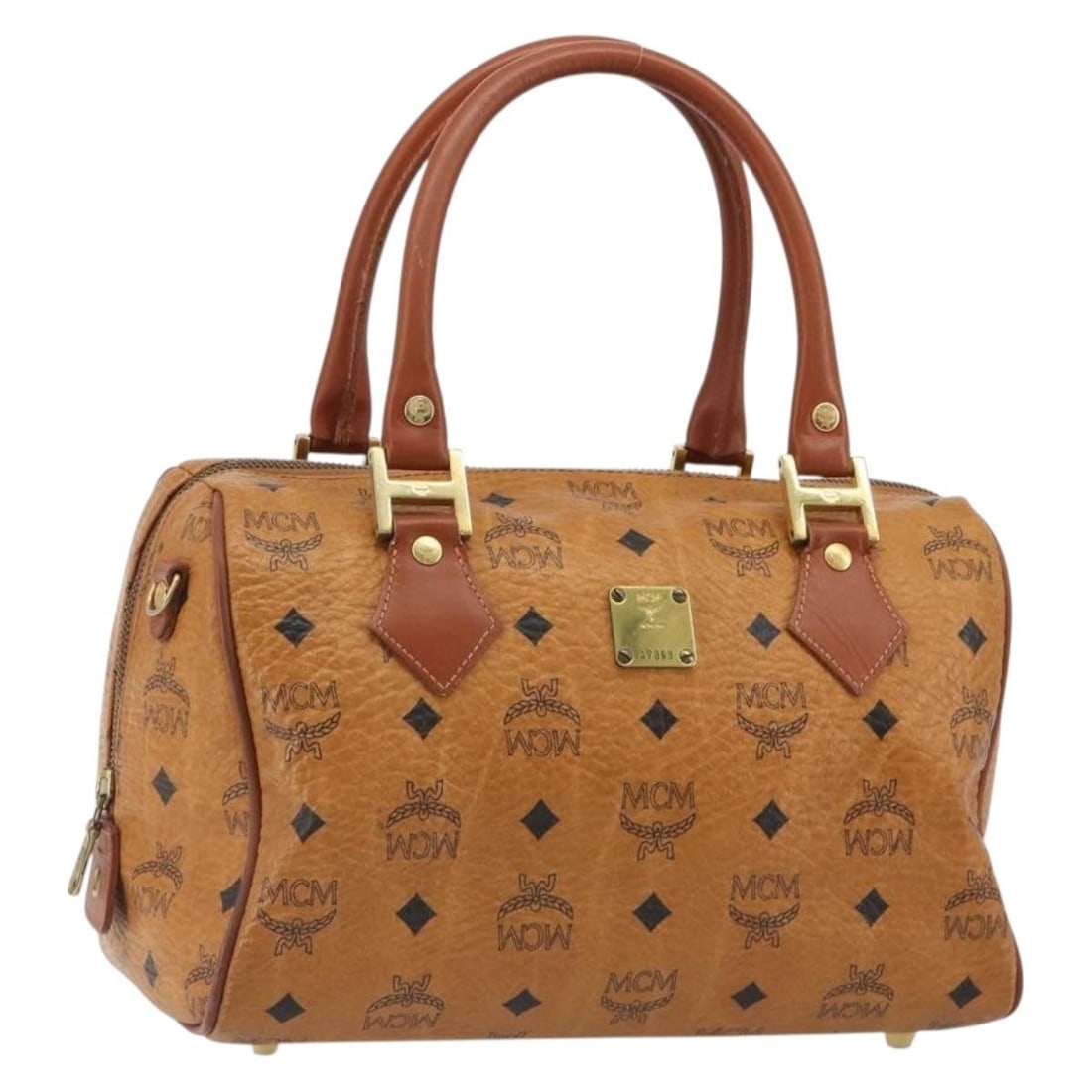 MCM Vicetos Mini Boston Bag Brown PVC Leather Gold Tone: MCM Vicetos Mini Boston Bag Brown PVC Leather Gold Tone MCM Vicetos Logogram Mini Boston Bag in brown and gold PVC leather. This women's Boston bag features a compact silhouette with a handle drop of 