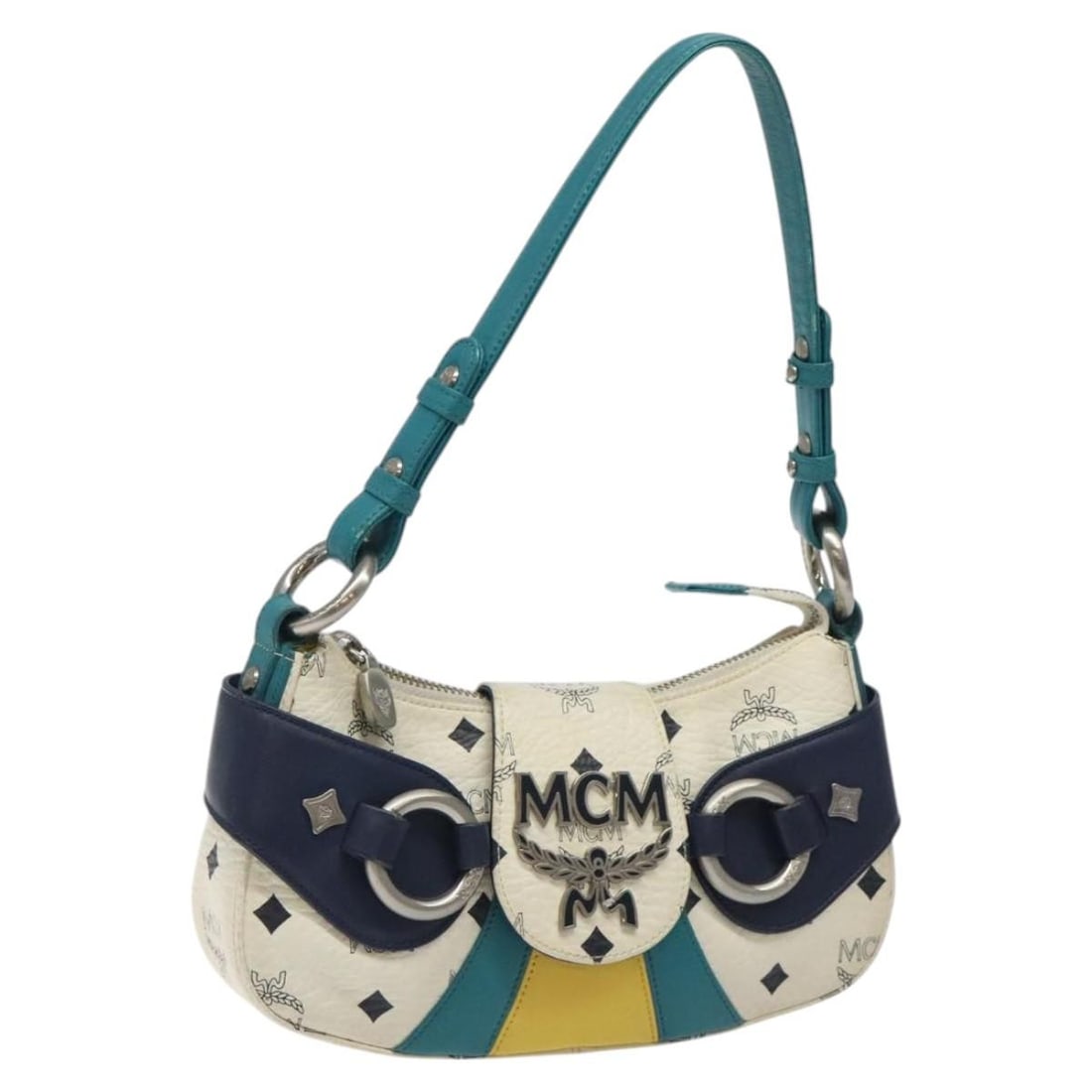 MCM Vicetos White PVC Leather Shoulder Bag Auth: MCM Vicetos White PVC Leather Shoulder Bag Auth This MCM Logogram Vicetos shoulder bag features a white PVC leather exterior and a compact, structured silhouette. The bag includes a shoulder strap wit
