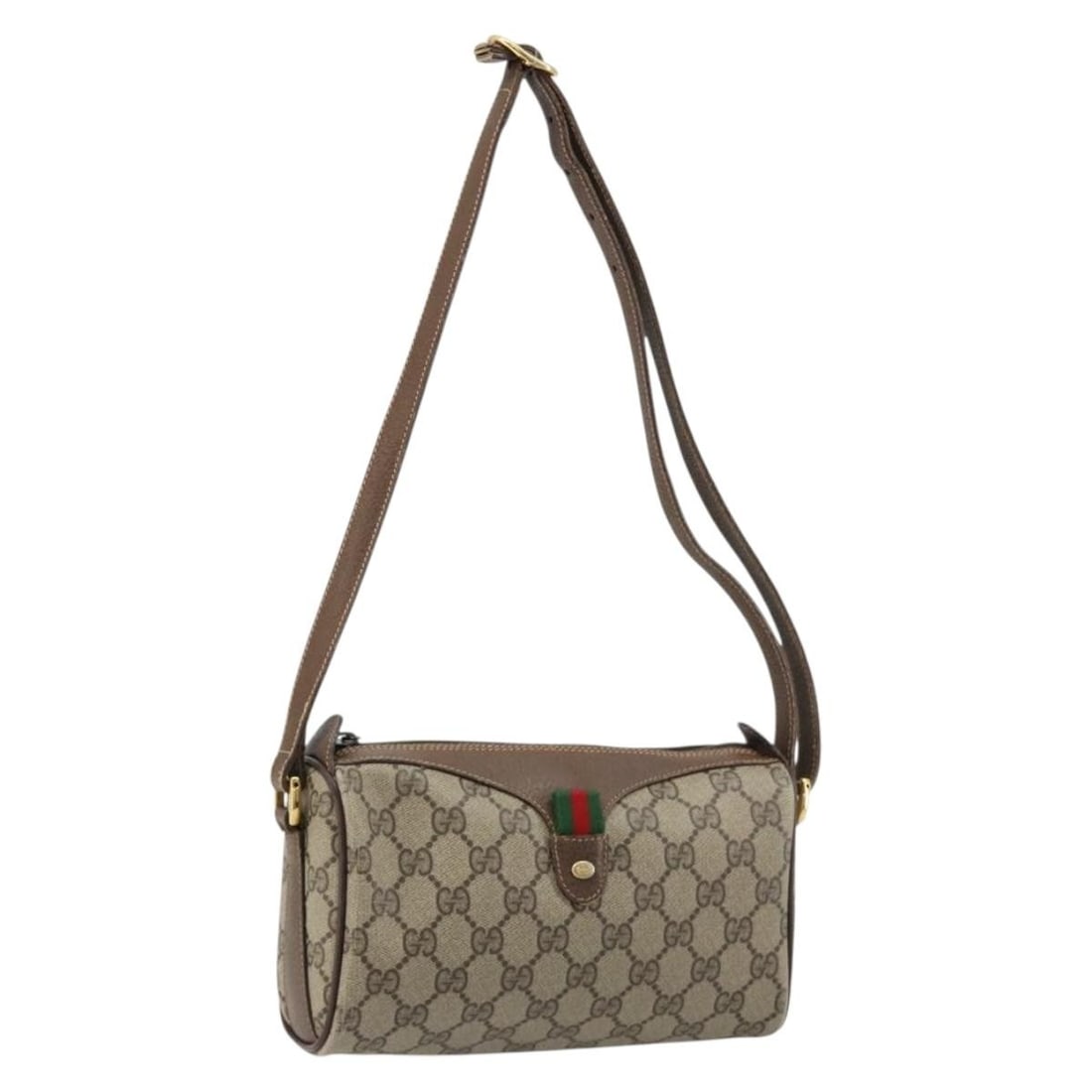 Gucci Sherry Line GG Supreme PVC Shoulder Bag Beige Gold: Gucci Sherry Line GG Supreme PVC Shoulder Bag Beige Gold Gucci GG Supreme Web Sherry Line shoulder bag in beige and gold, made in Italy. It is constructed from PVC leather and GG canvas. The bag measu