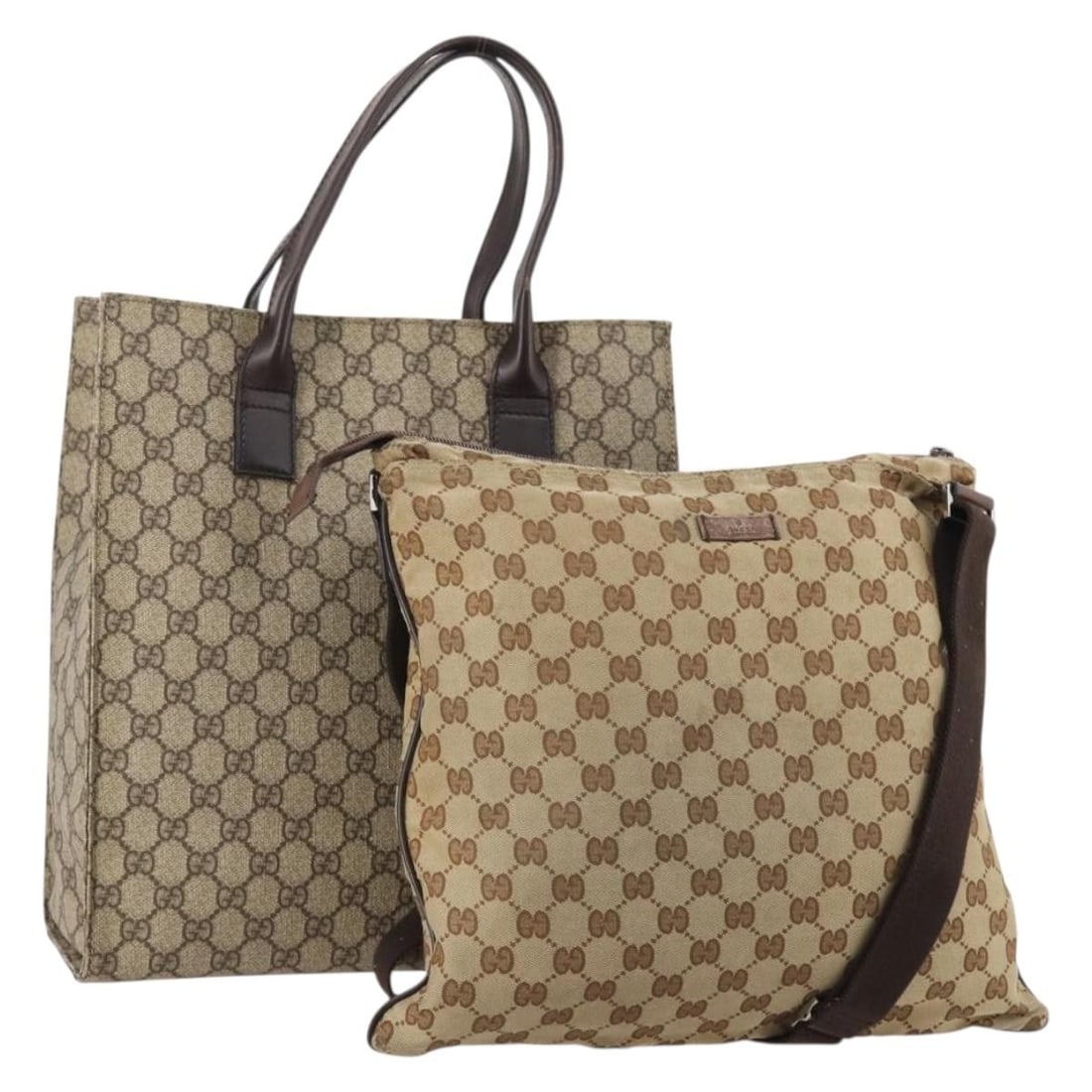 2 Piece Beige Gucci GG Supreme Shoulder Bag Set PVC Leather: 2 Piece Beige Gucci GG Supreme Shoulder Bag Set PVC Leather Gucci GG Supreme canvas shoulder bag set in beige, crafted from PVC leather and GG canvas. This women's shoulder bag set is made in Italy an