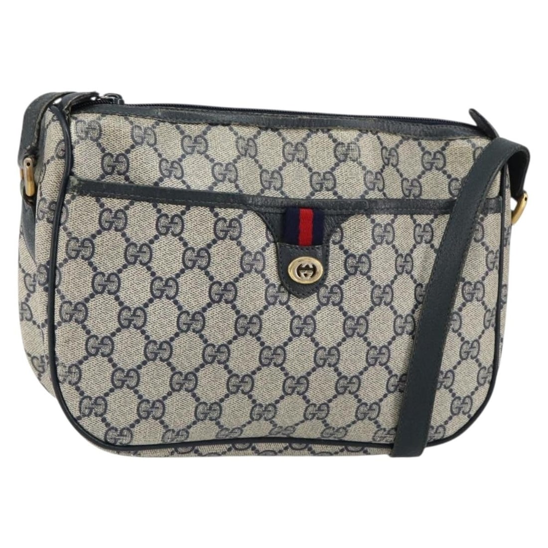 GUCCI GG Supreme Sherry Line Shoulder Bag PVC Navy Gold Auth 89 02 077: GUCCI GG Supreme Sherry Line Shoulder Bag PVC Navy Gold Auth 89 02 077 This authentic GUCCI GG Supreme Sherry Line Shoulder Bag is a stylish accessory crafted from PVC leather with a luxurious GG canv