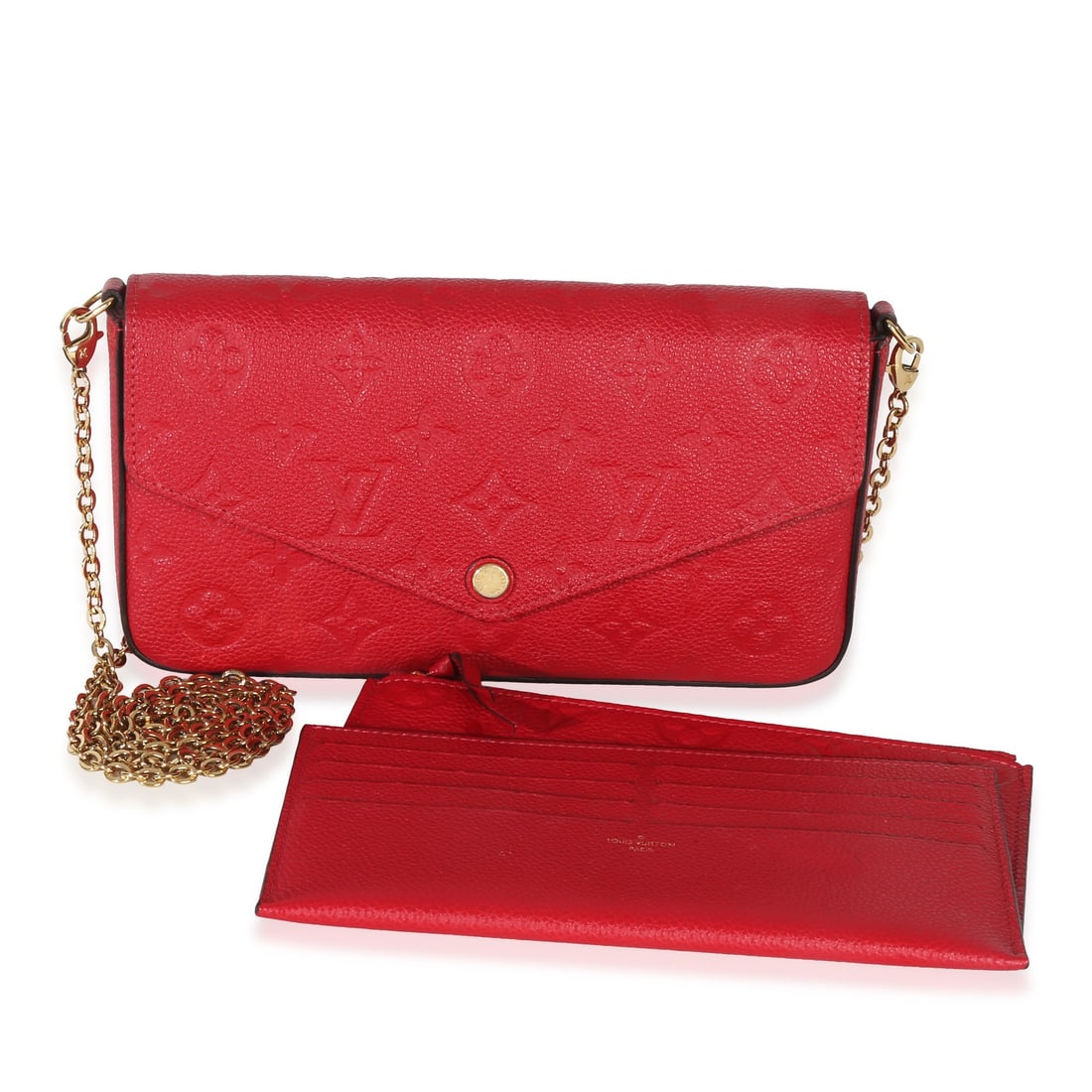 Louis Vuitton Empreinte Felicie Pochette Red Leather Shoulder Bag: Louis Vuitton Empreinte Felicie Pochette Red Leather Shoulder Bag This Louis Vuitton Scarlet Monogram Empreinte Felicie Pochette is a pre-owned shoulder bag crafted from red leather with a monogram-em