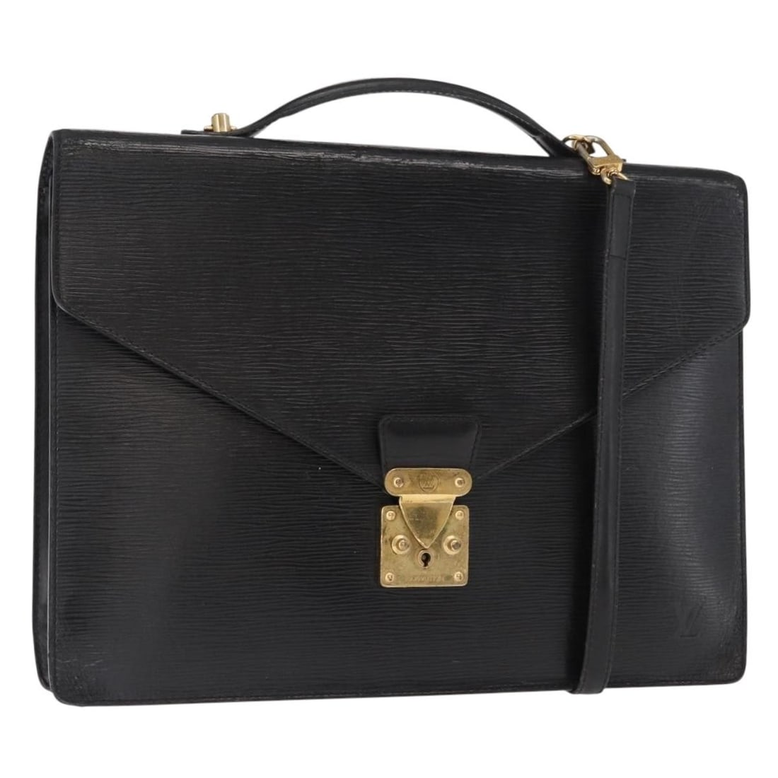 Louis Vuitton M54462 Epi Leather Black Briefcase with Shoulder Strap: Louis Vuitton M54462 Epi Leather Black Briefcase with Shoulder Strap Louis Vuitton Epi Porte Documents Bandouliere briefcase in black Epi leather. This structured briefcase includes a shoulder strap a