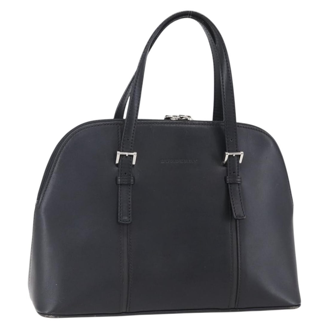 BURBERRY Black Leather Hand Bag with Silver Accents: BURBERRY Black Leather Hand Bag with Silver Accents This BURBERRY hand bag features a sleek design crafted from high-quality leather in a classic black and silver color combination. With approximate d