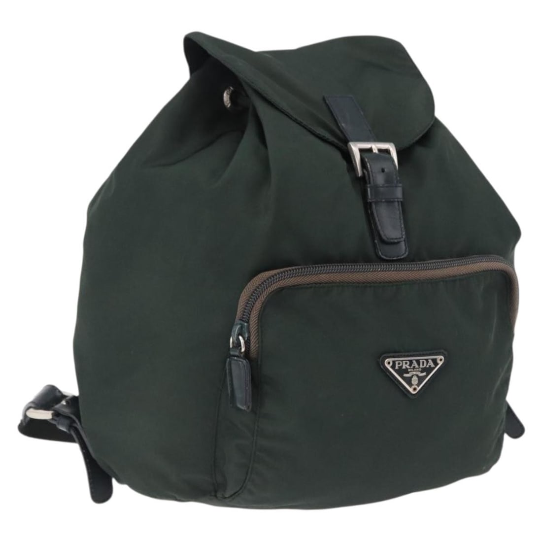 PRADA Green Nylon Backpack Silver Tone Made in Italy: PRADA Green Nylon Backpack Silver Tone Made in Italy Prada backpack in green and silver nylon, made in Italy. This used backpack has a structured size of approximately W29 cm x H31 cm x D13 cm and is 