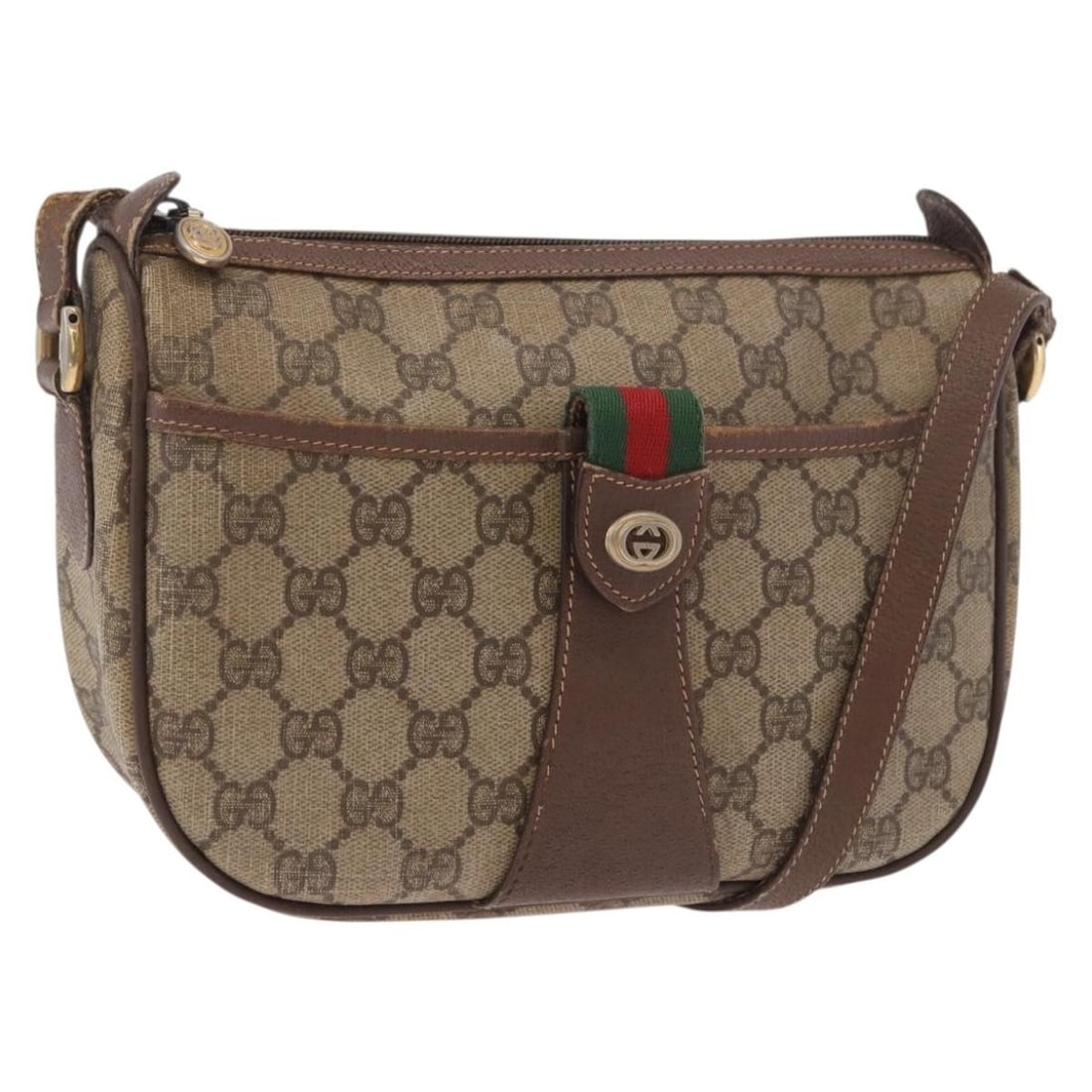 Gucci 89 02 032 GG Supreme Web Shoulder Bag Beige PVC Leather: Gucci 89 02 032 GG Supreme Web Shoulder Bag Beige PVC Leather Vintage Gucci GG Supreme Web Sherry Line shoulder bag in beige and gold PVC leather with GG canvas. This women's bag shows heavy use, incl