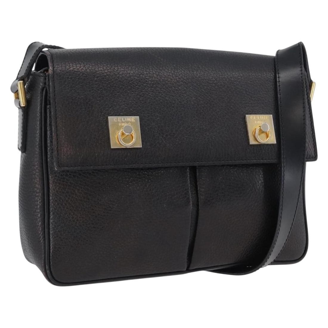 Celine Black Leather Shoulder Bag with Gold Accents for Women: Celine Black Leather Shoulder Bag with Gold Accents for Women This CELINE shoulder bag features black leather with gold-tone accents and is designed for women. Made in Italy, the bag has an adjustable