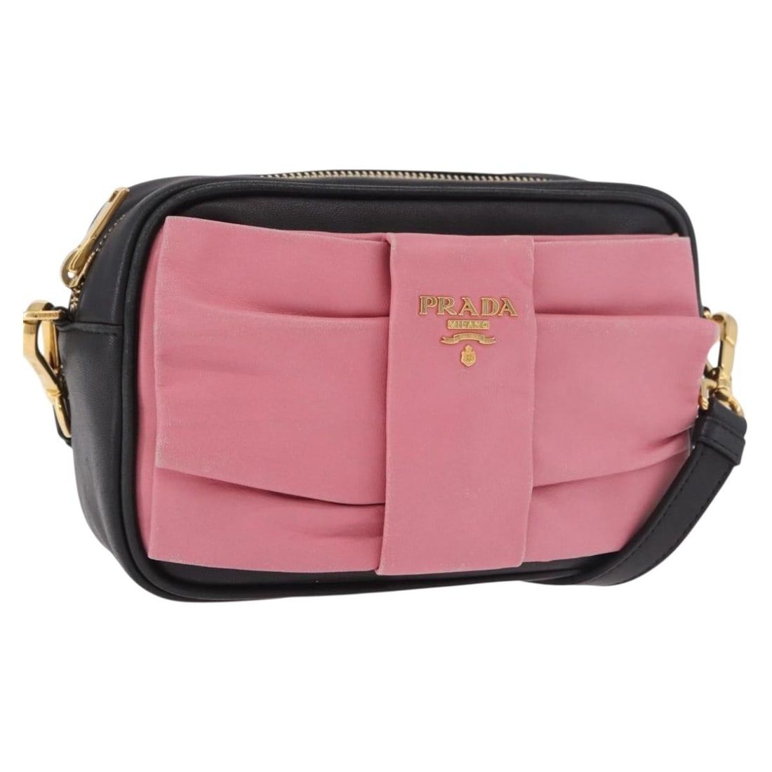 Prada Leather Shoulder Bag Ribbon Detail Black Gold Tone: Prada Leather Shoulder Bag Ribbon Detail Black Gold Tone A black Prada leather shoulder bag with gold-tone hardware, made in Italy. It features a shoulder strap with an approximate drop of 56 to 61 cm