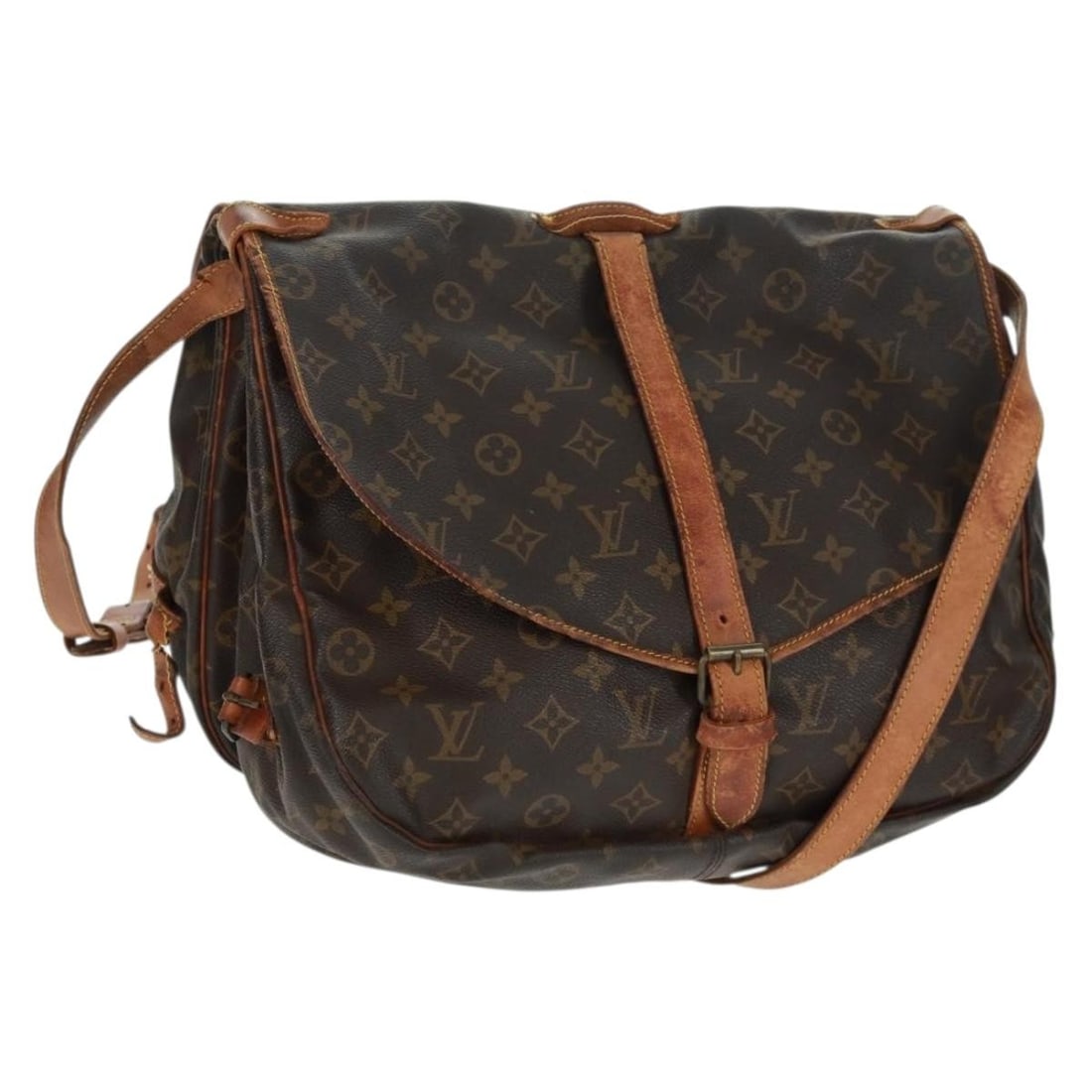 Louis Vuitton Saumur 35 Monogram Canvas Shoulder Bag M42254 France: Louis Vuitton Saumur 35 Monogram Canvas Shoulder Bag M42254 France This is a Louis Vuitton Monogram Saumur 35 Shoulder Bag, crafted from monogram canvas with leather trim. The bag features an adjustab