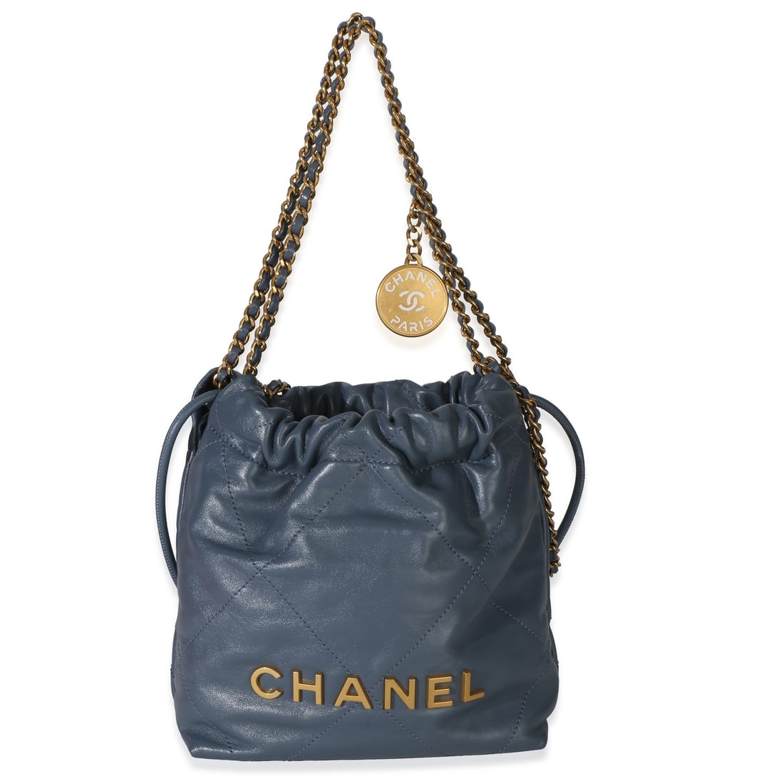 Chanel 22 Blue Quilted Calfskin Mini Hobo Bag: Chanel 22 Blue Quilted Calfskin Mini Hobo Bag This Chanel 22 Mini Hobo is crafted from blue quilted calfskin leather and features a drawstring closure. The bag is designed with gold-tone hardware, a f
