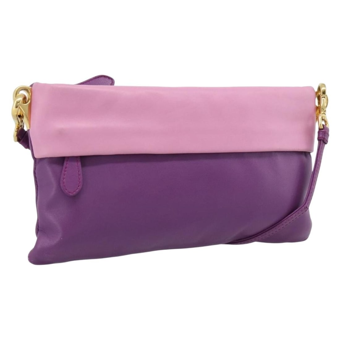 PRADA Leather Shoulder Bag Purple with Gold Tone Hardware: PRADA Leather Shoulder Bag Purple with Gold Tone Hardware PRADA shoulder bag in leather with a purple and gold color scheme. Made in Italy, this women's bag features a shoulder strap with a drop of ap