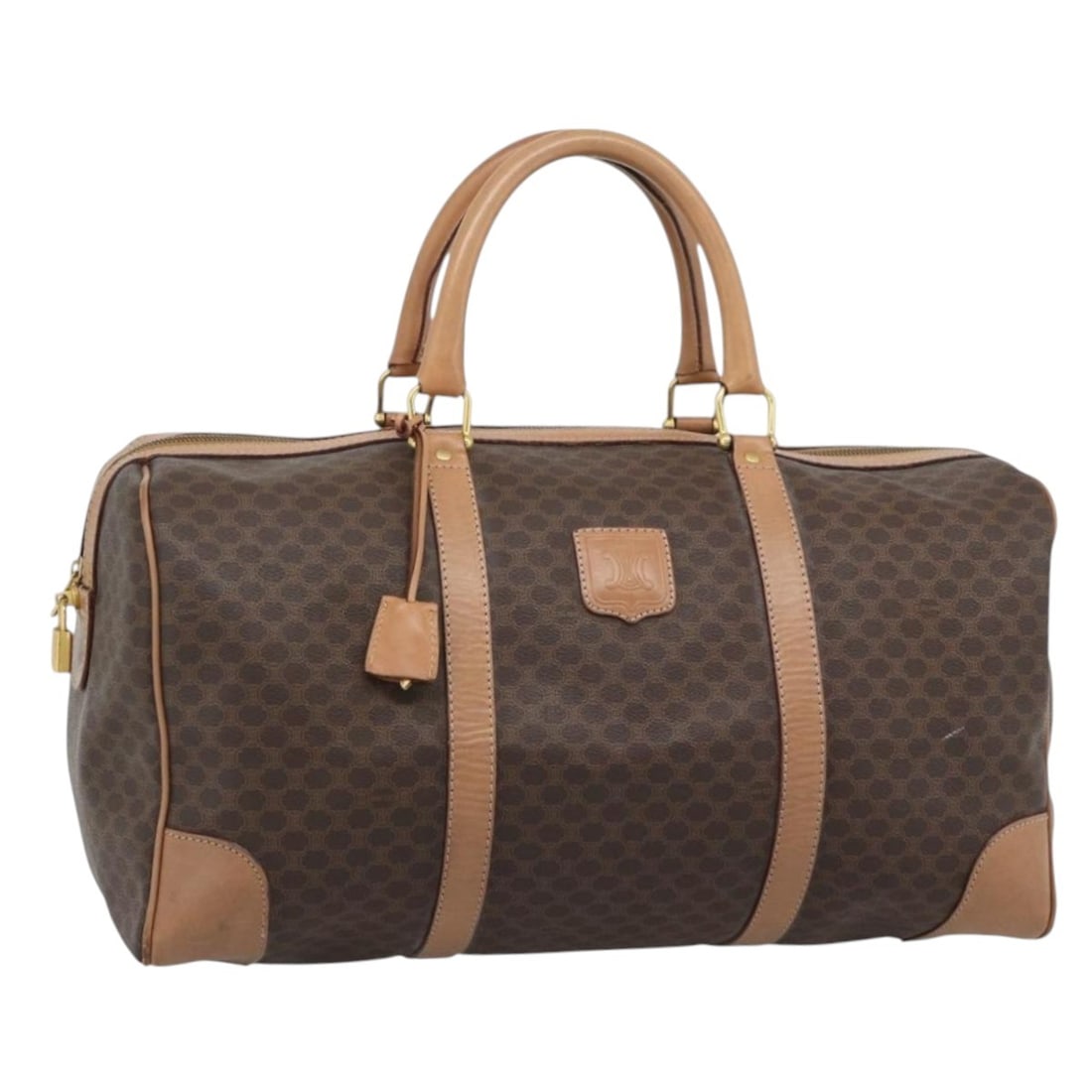 CELINE Macadam PVC Leather Boston Bag Brown with Padlock Keys: CELINE Macadam PVC Leather Boston Bag Brown with Padlock Keys CELINE Boston bag in PVC leather and Macadam canvas, presented in brown with gold-tone exterior details. Made in Italy, this women's bag m