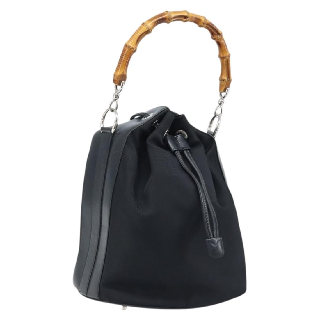Gucci Black Nylon Bamboo Handle Handbag Silver 001 2855 1657 Italy: Gucci Black Nylon Bamboo Handle Handbag Silver 001 2855 1657 Italy This is a Gucci Bamboo hand bag crafted from black nylon with silver-tone accents. The bag features a distinctive bamboo handle and i
