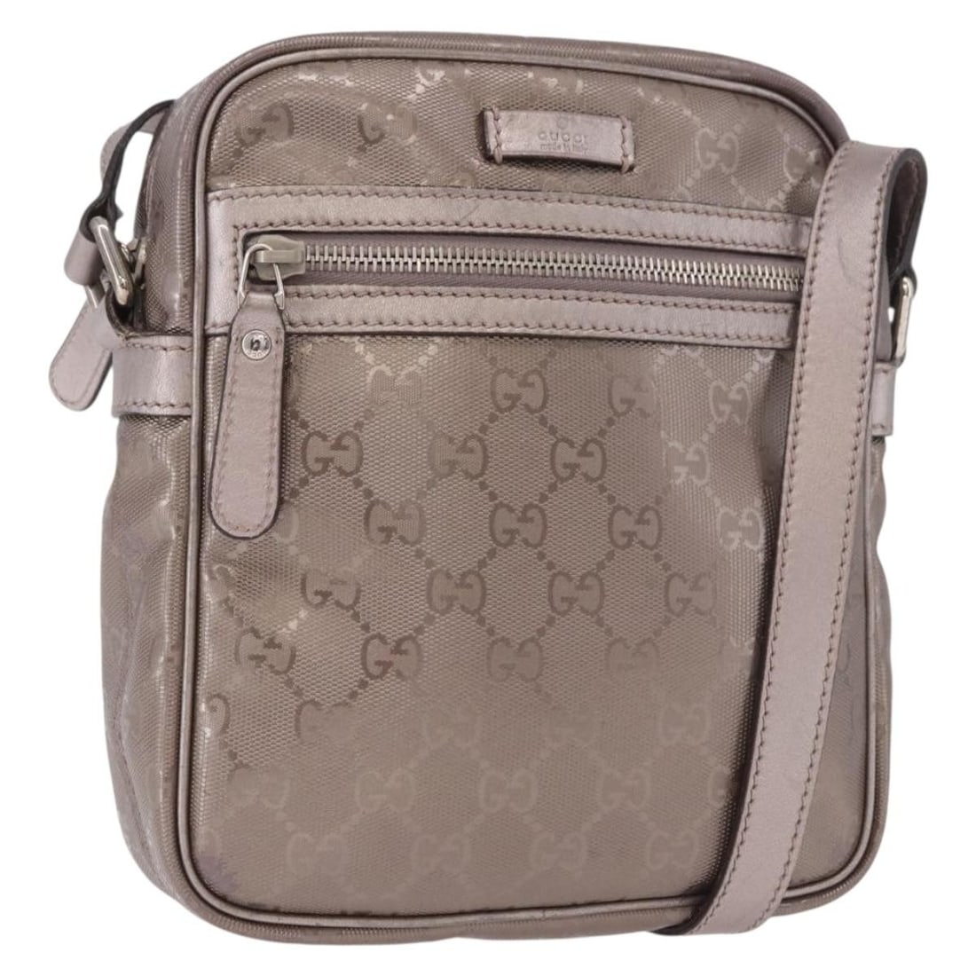 GUCCI 233268 GG Canvas Shoulder Bag Pink Silver PVC Leather: GUCCI 233268 GG Canvas Shoulder Bag Pink Silver PVC Leather A Gucci shoulder bag in pink and silver, made from PVC leather and GG canvas. It was manufactured in Italy and features a shoulder strap wit