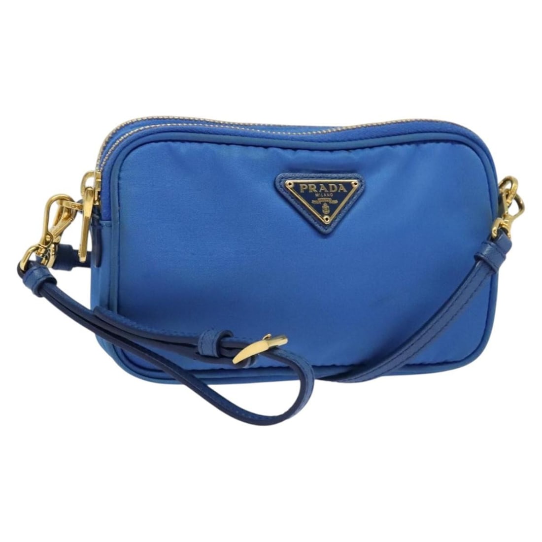 PRADA Nylon Shoulder Bag Gold Blue Made in Italy: PRADA Nylon Shoulder Bag Gold Blue Made in Italy Prada shoulder bag in nylon with a gold and blue colorway, made in Italy. It measures approximately W15 x H10 x D3.5 cm, with a shoulder drop of about 