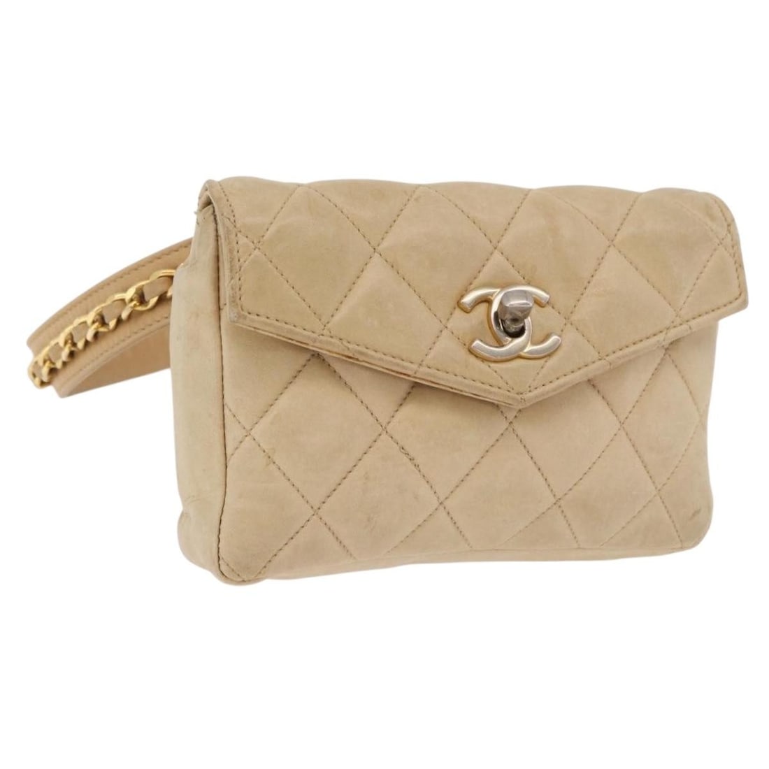 CHANEL Matelasse Lamb Skin Waist Bag Beige Gold CC: CHANEL Matelasse Lamb Skin Waist Bag Beige Gold CC CHANEL Matelasse waist bag in beige lamb skin with gold-tone CC hardware. Made in Italy, this piece measures approximately W 17 cm x H 11 cm x D 3 cm