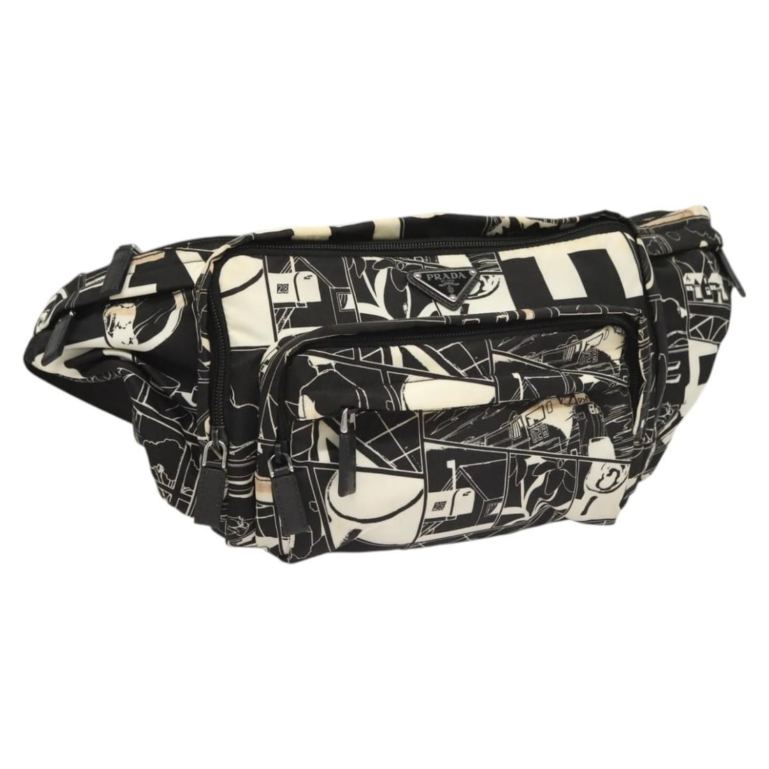 PRADA Nylon Shoulder Bag Black Silver Tone Italy: PRADA Nylon Shoulder Bag Black Silver Tone Italy Black Prada shoulder bag in nylon with silver-tone hardware. Made in Italy, it measures approximately 53 cm wide by 19 cm high by 5 cm deep, with a sho