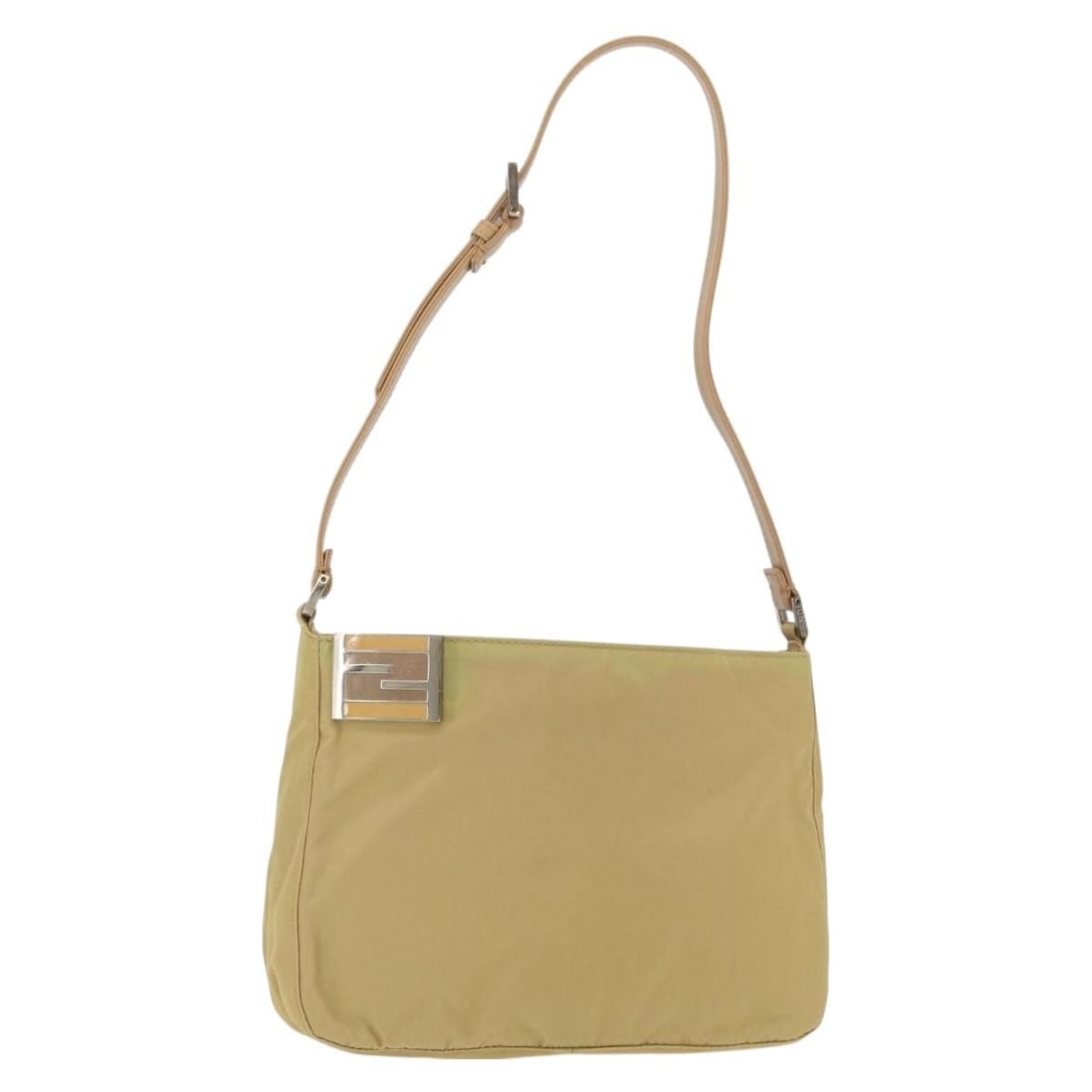 FENDI Beige Silver Nylon Shoulder Bag Italy: FENDI Beige Silver Nylon Shoulder Bag Italy This FENDI shoulder bag is crafted from nylon in a beige and silver color scheme. Designed for women, it features a structured silhouette with a shoulder st