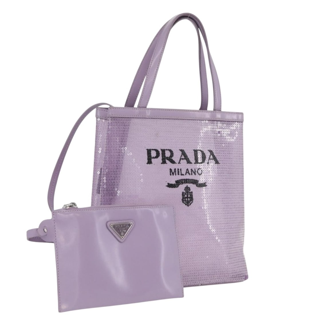 PRADA Purple Leather Sequin Handbag with Pouch Made in Italy: PRADA Purple Leather Sequin Handbag with Pouch Made in Italy PRADA hand bag in purple leather with sequin detailing, made in Italy. It comes with a pouch accessory and has a handle drop of approximate