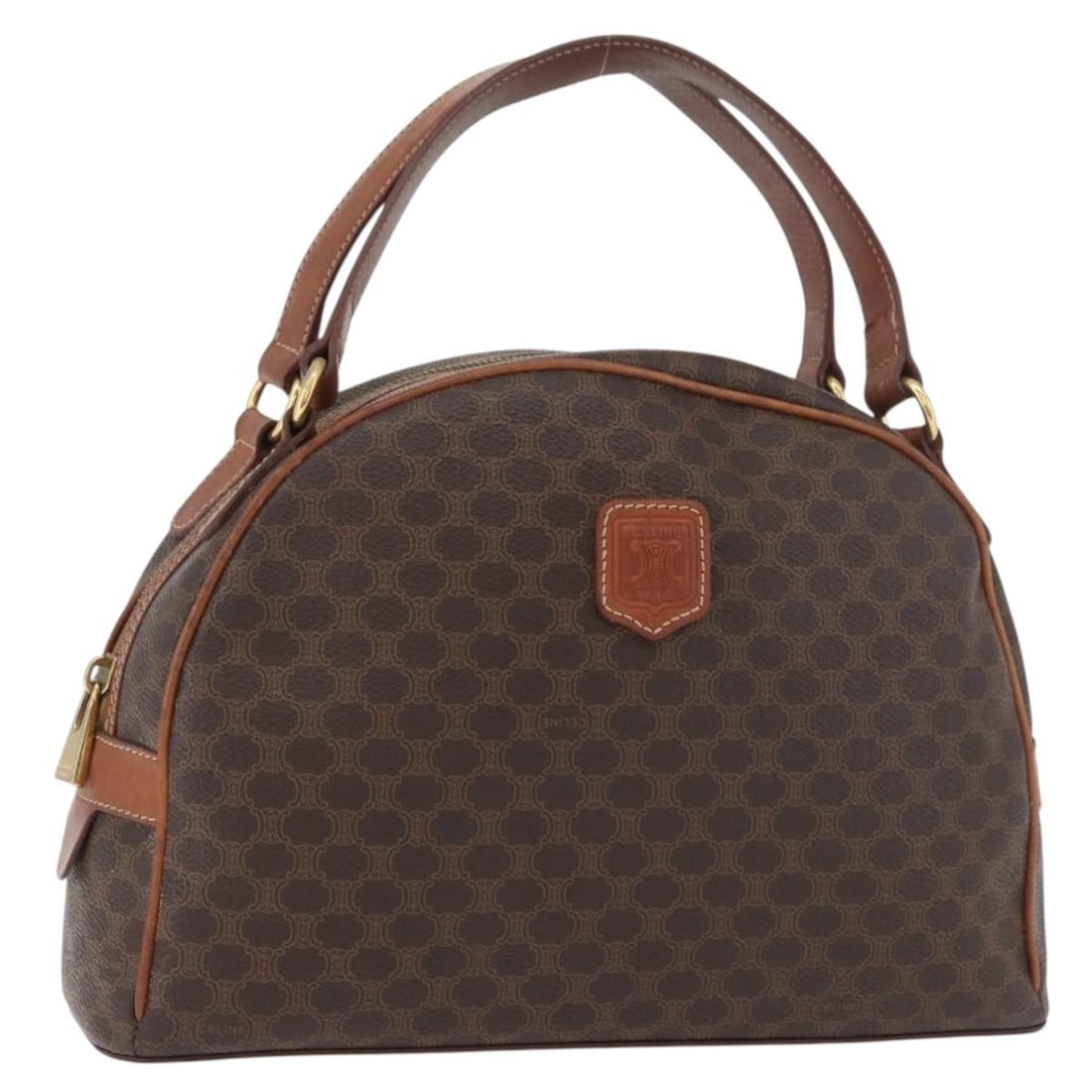 CELINE Macadam PVC Leather Brown Gold Handbag Italy: CELINE Macadam PVC Leather Brown Gold Handbag Italy This CELINE Macadam Canvas hand bag features a brown and gold color scheme and is crafted from PVC leather and Macadam canvas. The bag is designed f